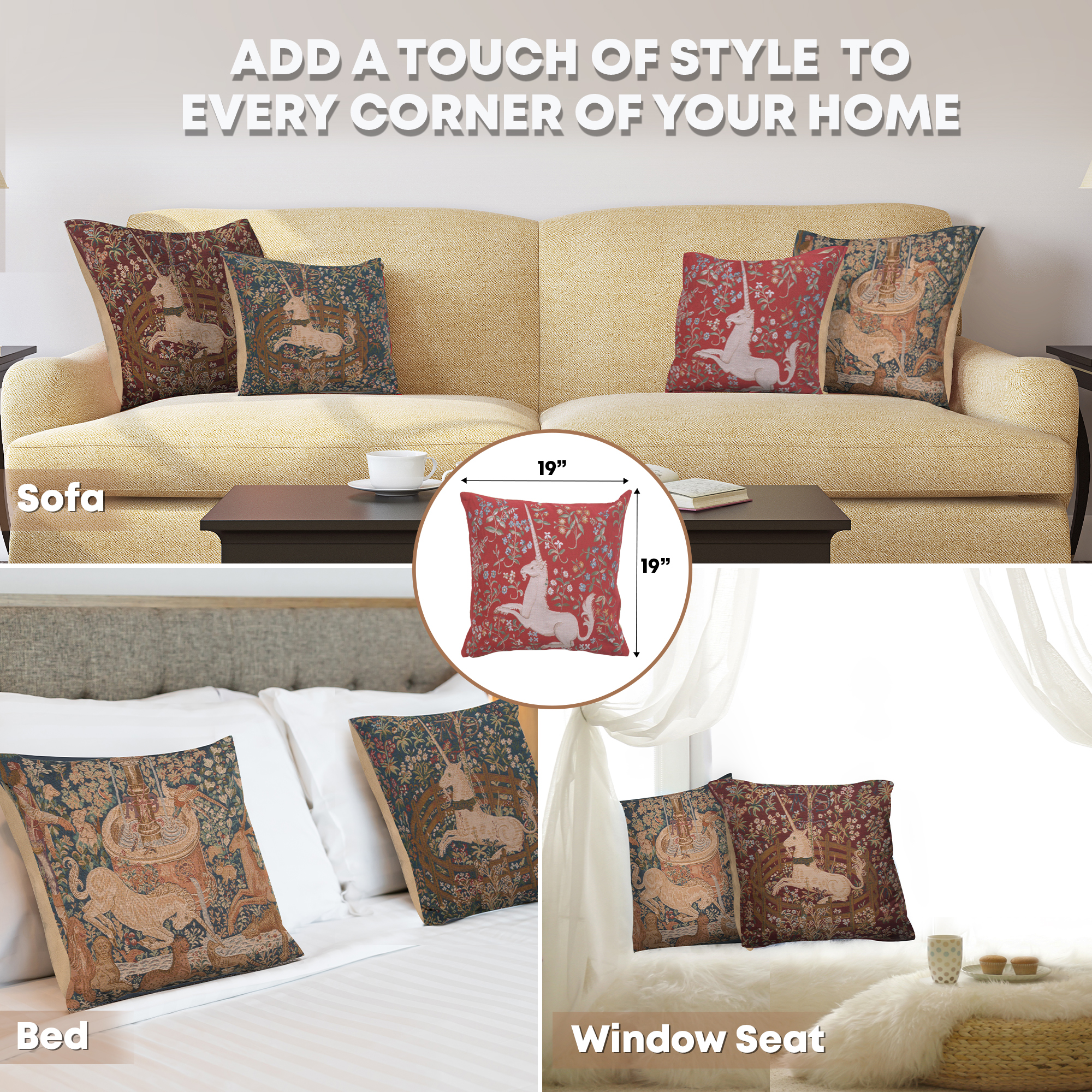 Medieval Licorne Fleuri Red Tapestry Pillow Cover 19x19 Inch Cotton Jacquard Woven Cushion Cover