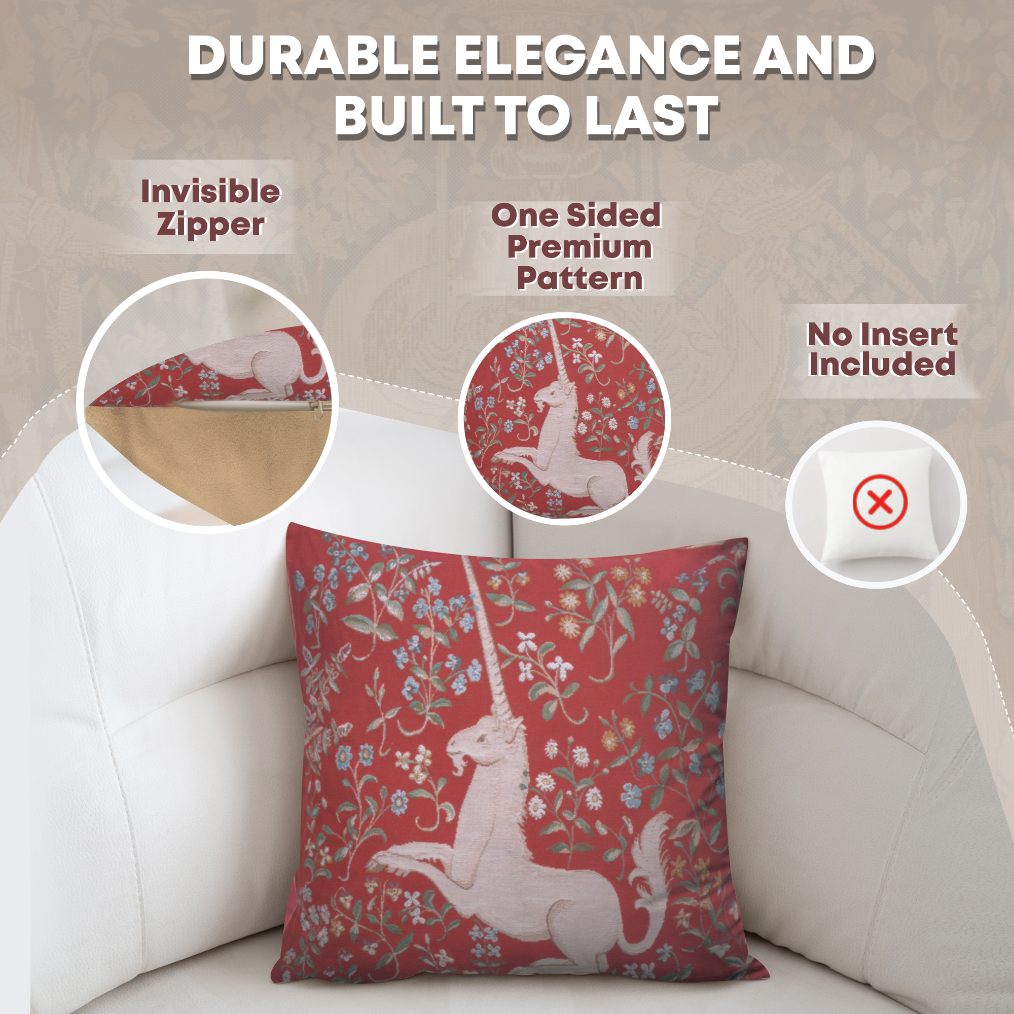 Medieval Licorne Fleuri Red Tapestry Pillow Cover 19x19 Inch Cotton Jacquard Woven Cushion Cover