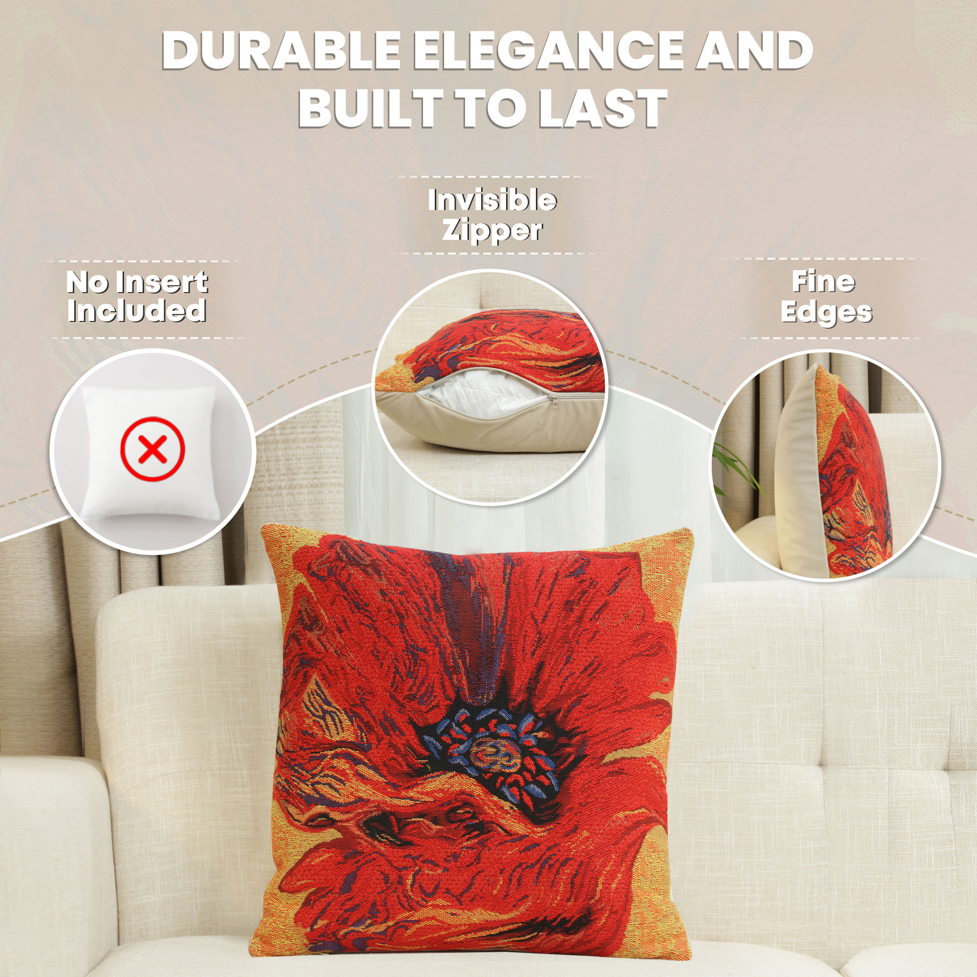 Floral Poppy Red Tapestry Pillow Cover 16x16 Inch Cotton Jacquard Woven Cushion Cover