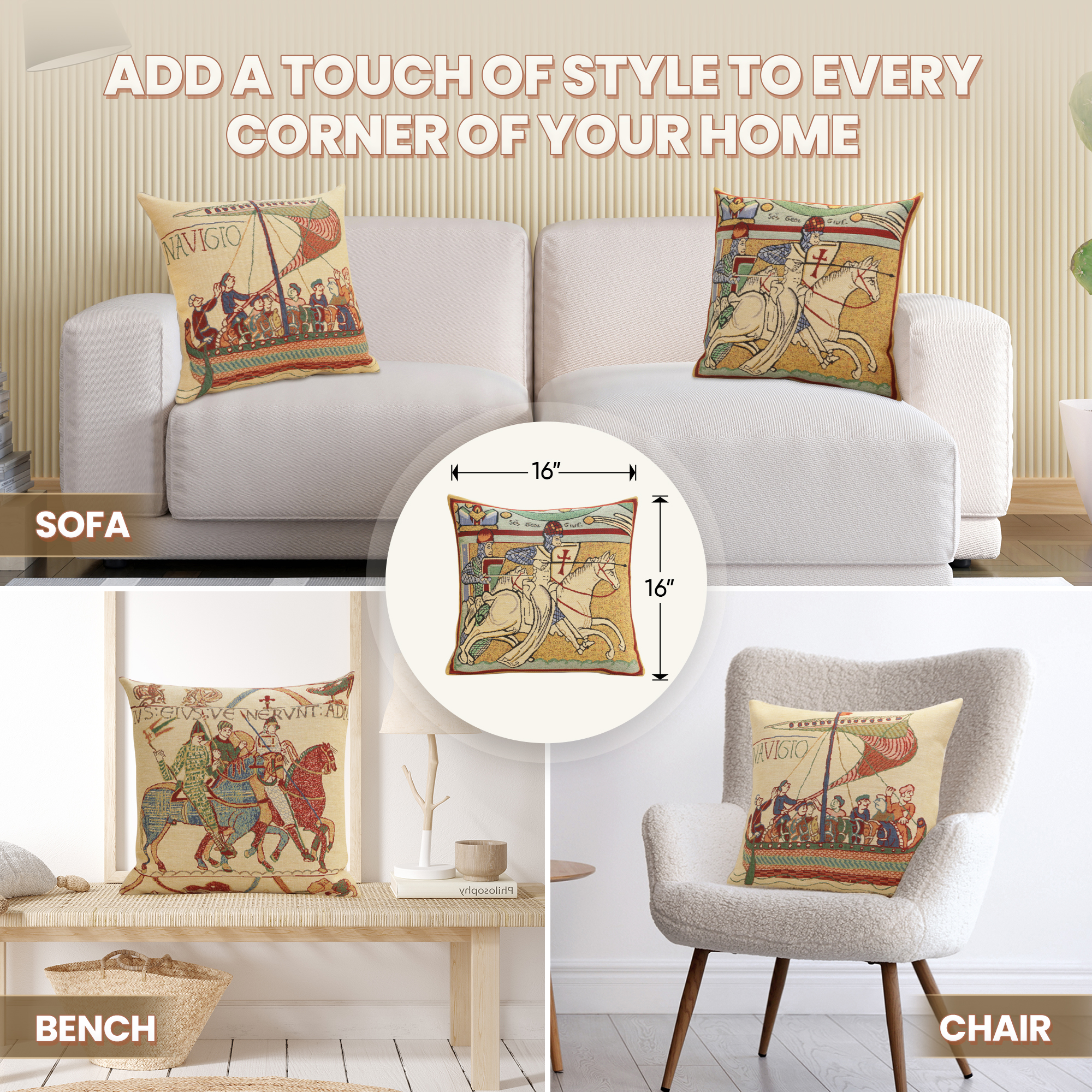 Chevaliers de St. Gregoire Medieval Tapestry Pillow Cover 16x16 Inch Cotton Jacquard Woven Cushion Cover