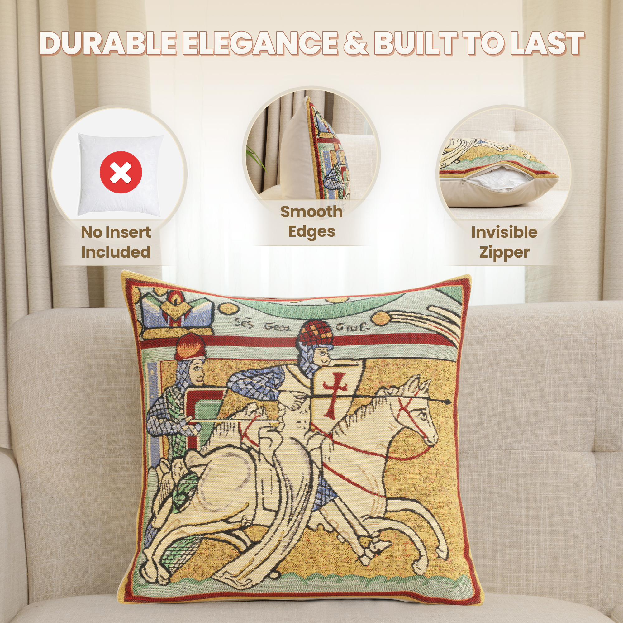 Chevaliers de St. Gregoire Medieval Tapestry Pillow Cover 16x16 Inch Cotton Jacquard Woven Cushion Cover