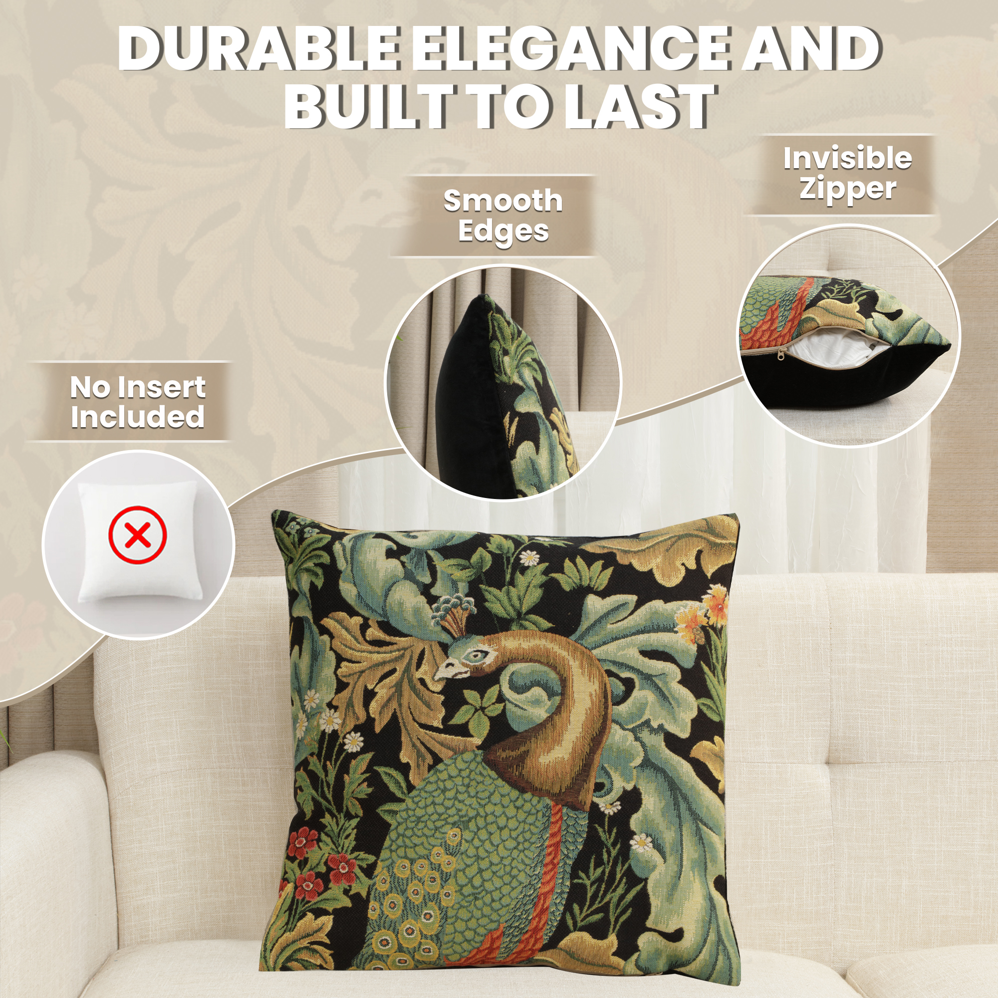 Black Peacock Belgian Tapestry Pillow Cover 18x18 inch 100% Cotton Belgian Jacquard Woven Cushion Cover