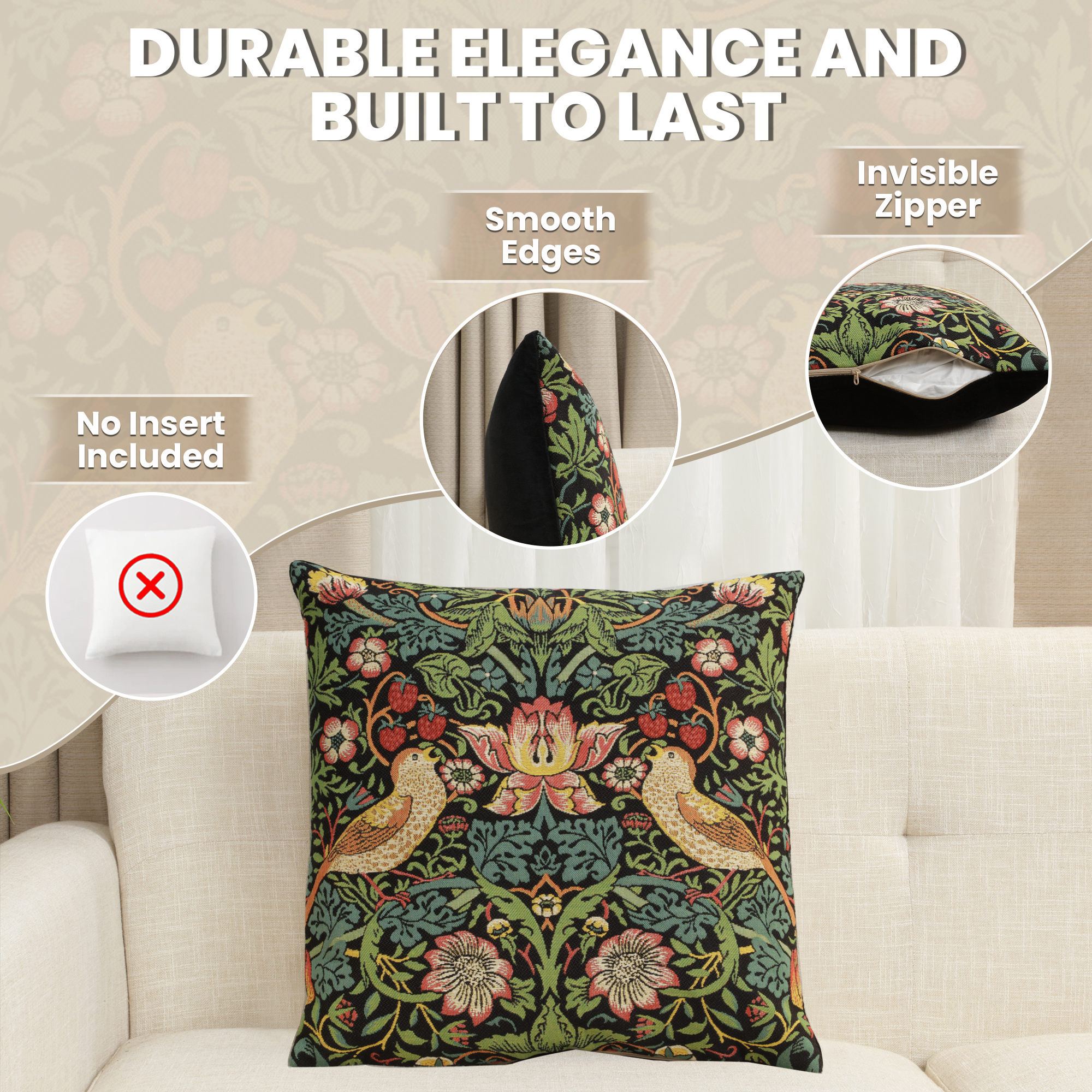 Black Strawberry Thief Belgian Tapestry Pillow Cover 18x18 inch 100% Cotton Belgian Jacquard Woven Cushion Cover