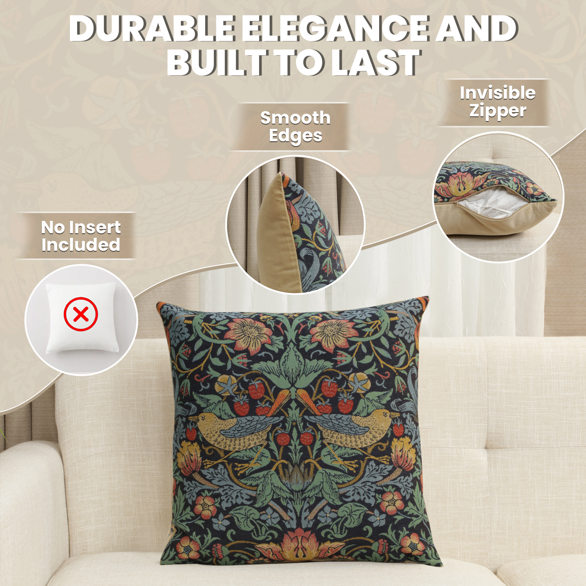 Blue Strawberry Belgian Tapestry Pillow Cover 18x18 inch 100% Cotton Belgian Jacquard Woven Cushion Cover
