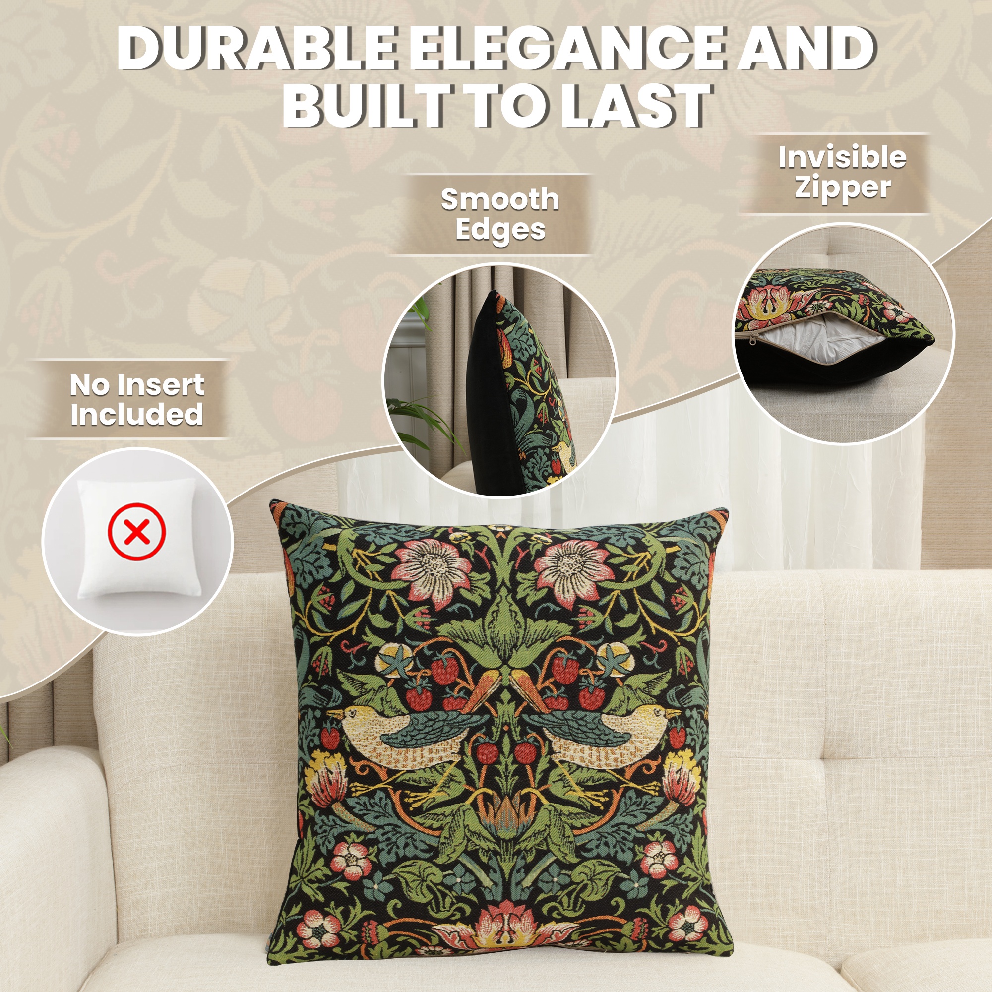 Black Strawberry Belgian Tapestry Pillow Cover 18x18 inch 100% Cotton Belgian Jacquard Woven Cushion Cover
