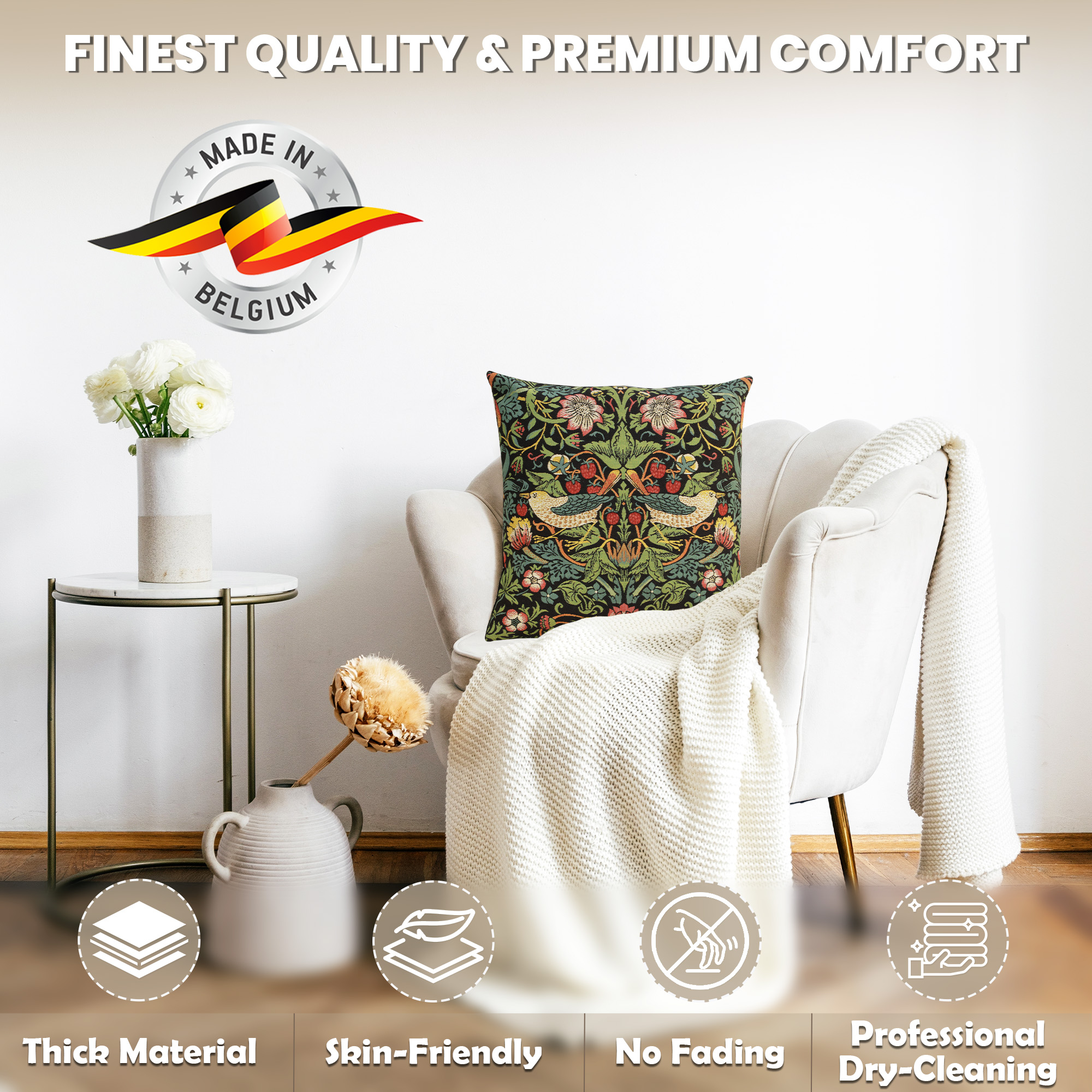 Black Strawberry Belgian Tapestry Pillow Cover 18x18 inch 100% Cotton Belgian Jacquard Woven Cushion Cover
