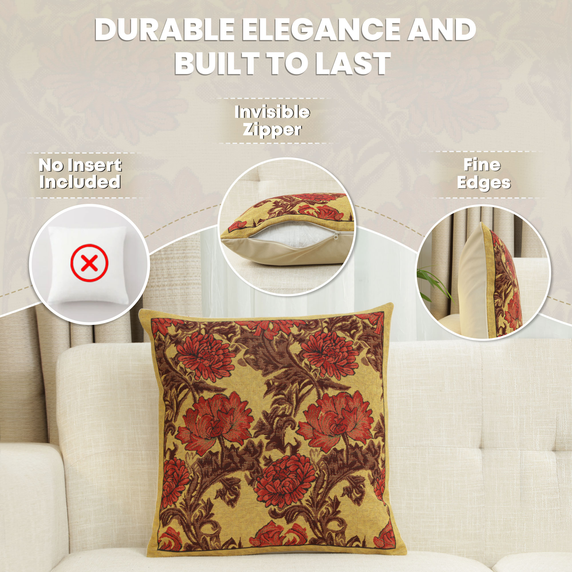 Floral Chrysanthemum Bordo Tapestry Pillow Cover 16x16 Inch Cotton Jacquard Woven Cushion Cover