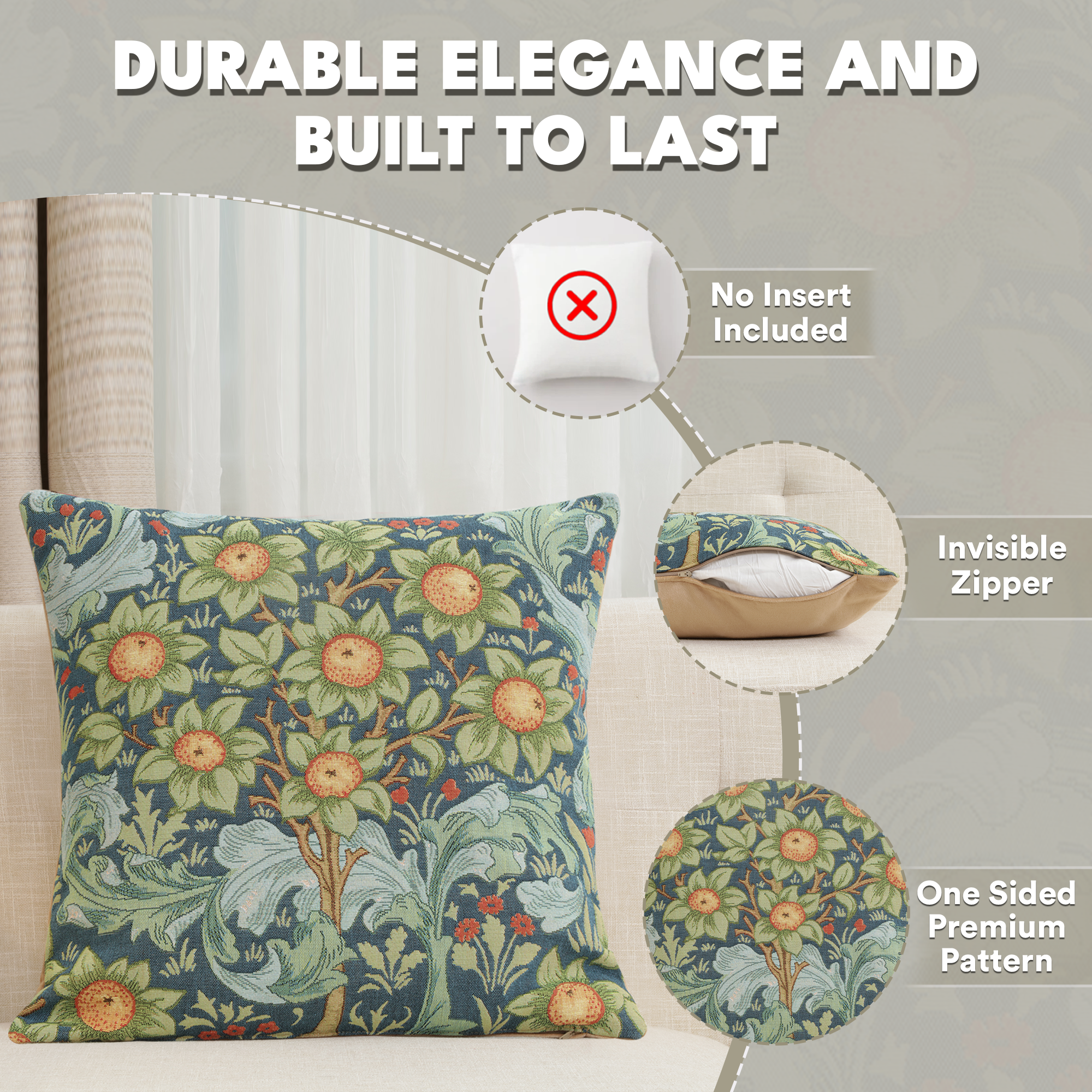 Orange Tree with Arabesques Blue French Tapestry Pillow Cover 19x19 inch Jacquard Woven Cushion Cover