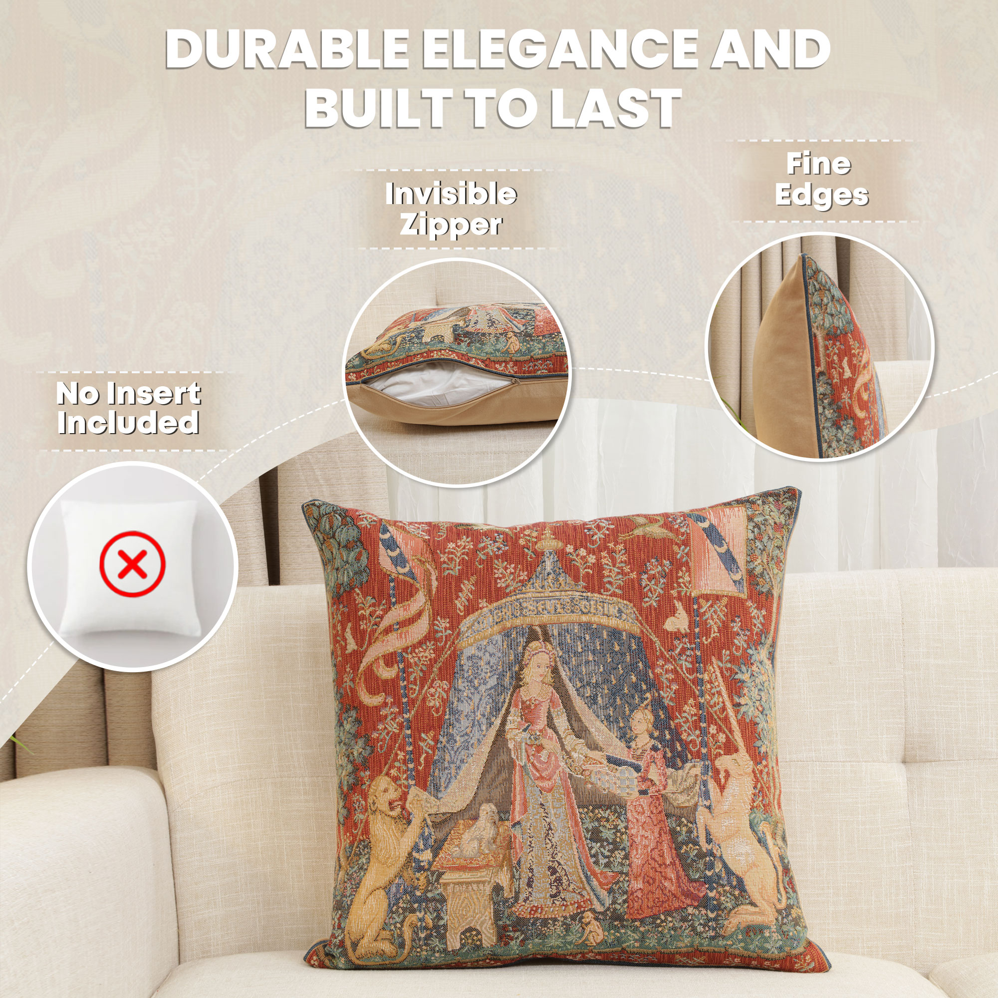 Medieval A Mon Seul Desir Large Tapestry Pillow Cover 19x19 Inch Cotton Jacquard Woven Cushion Cover