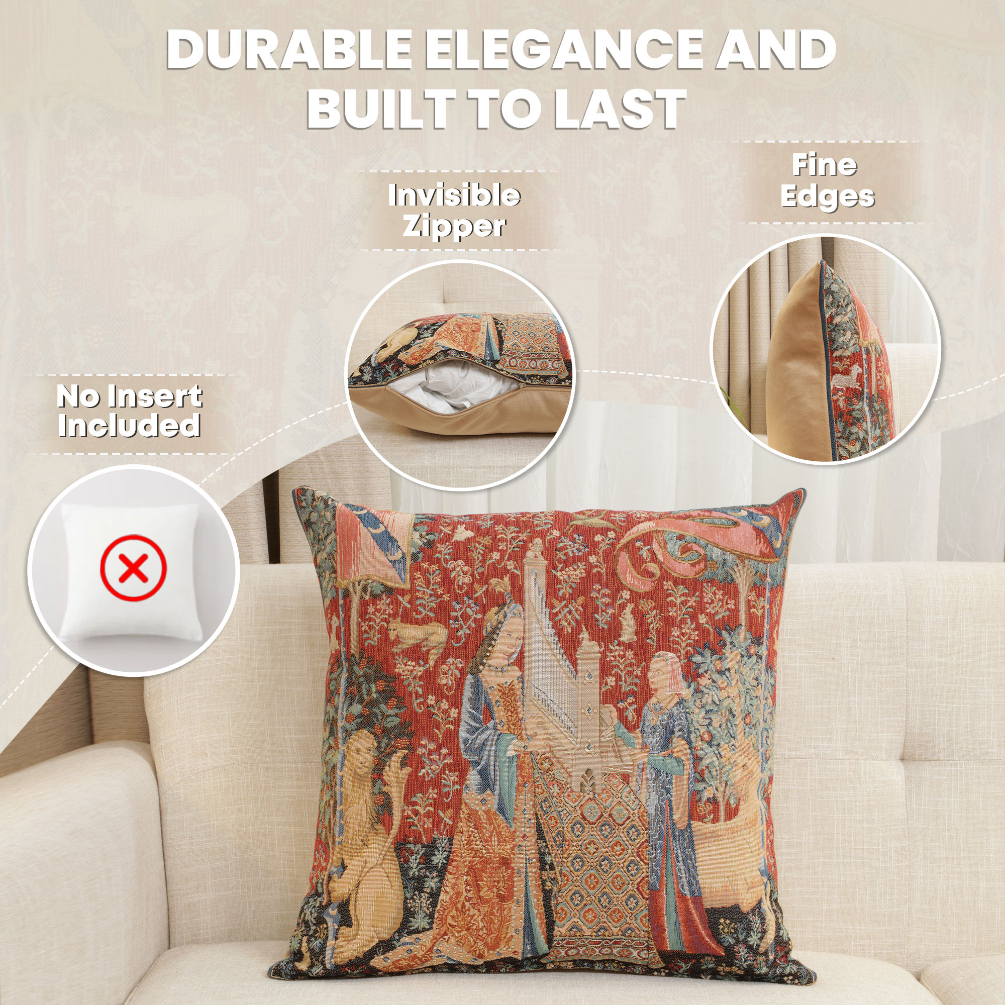 Medieval The Hearing Large Tapestry Pillow Cover 19x19 Inch Cotton Jacquard Woven Cushion Cover