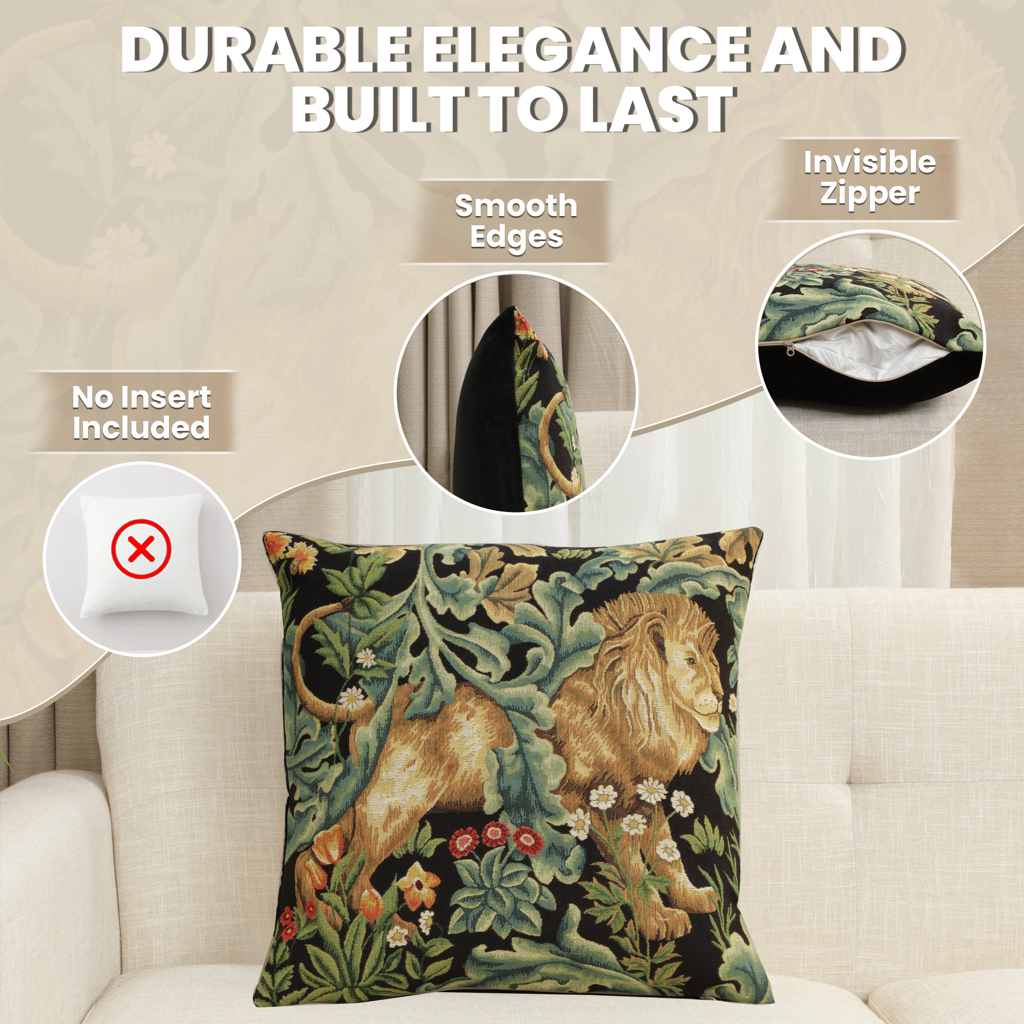 Black Lion Belgian Tapestry Pillow Cover 18x18 inch 100% Cotton Belgian Jacquard Woven Cushion Cover