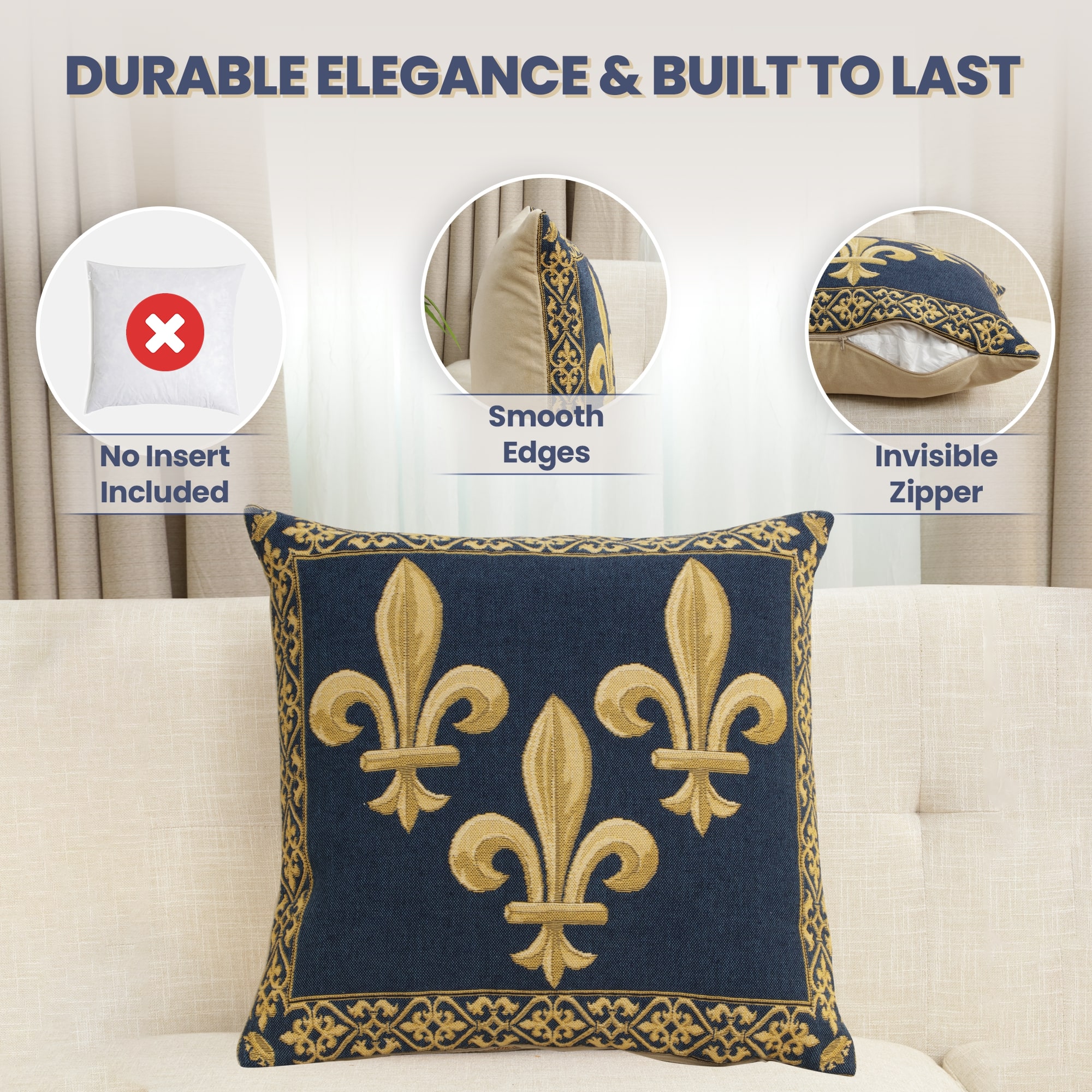 Napoleon Fleur de Lys Blue Tapestry Pillow Cover 18x18 Inch Cotton Jacquard Woven Cushion Cover