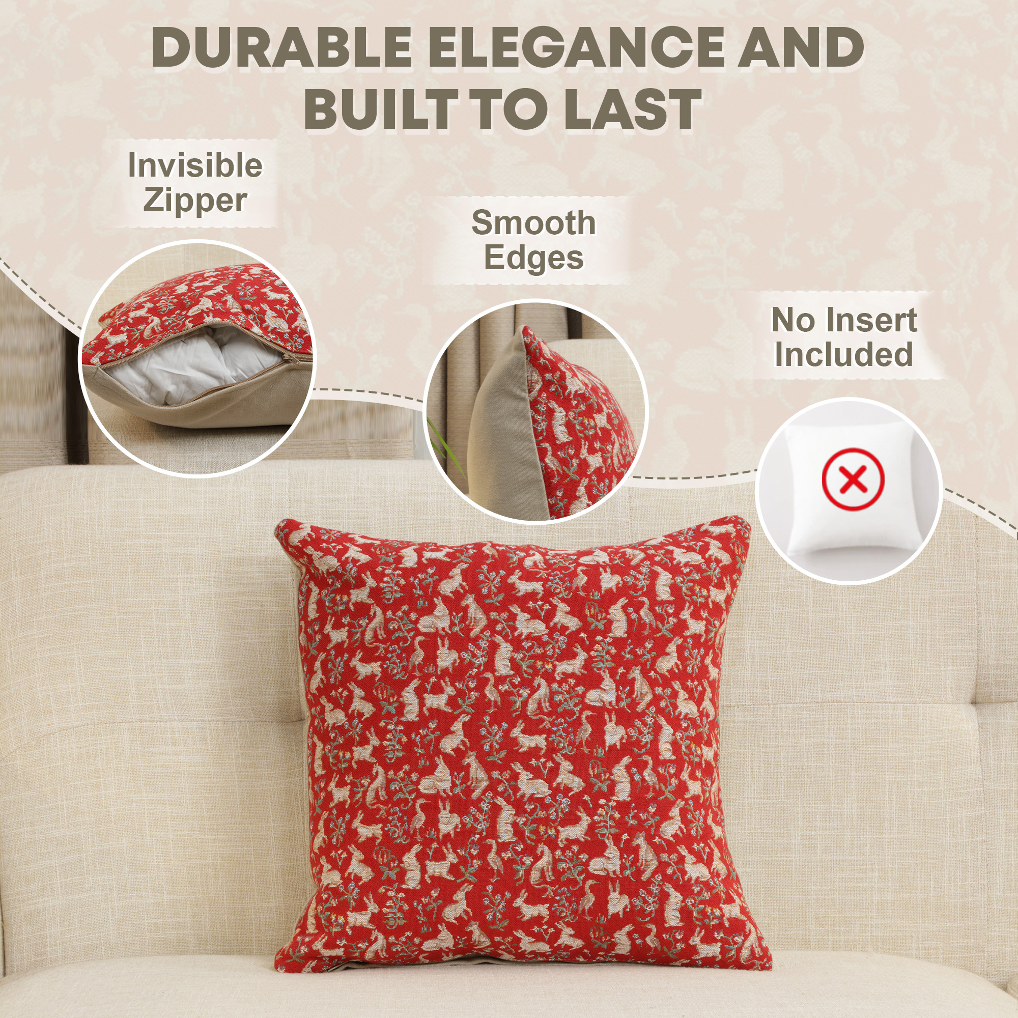 Medieval Mille Fleurs and Little Animals Red Tapestry Pillow Cover 14x14 Inch Cotton Jacquard Woven Cushion Cover