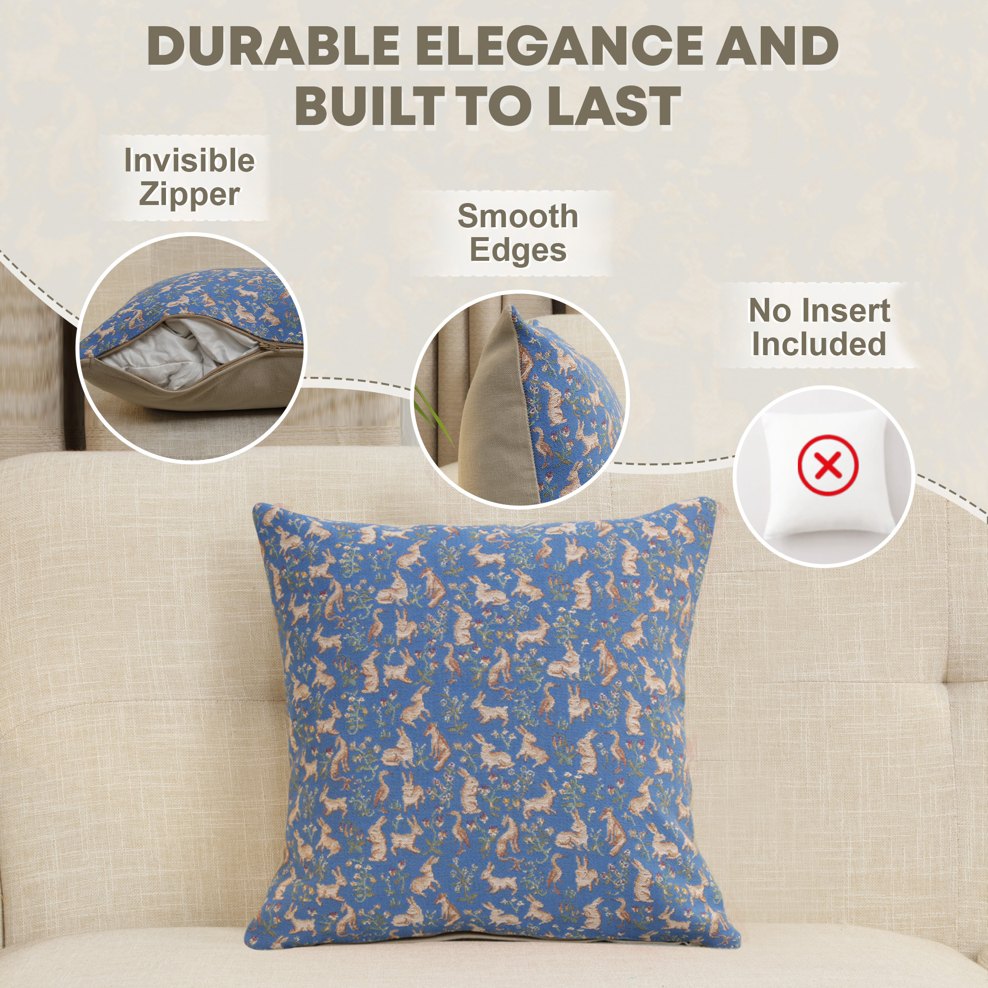 Medieval Mille Fleurs and Little Animals Blue Tapestry Pillow Cover 14x14 Inch Cotton Jacquard Woven Cushion Cover