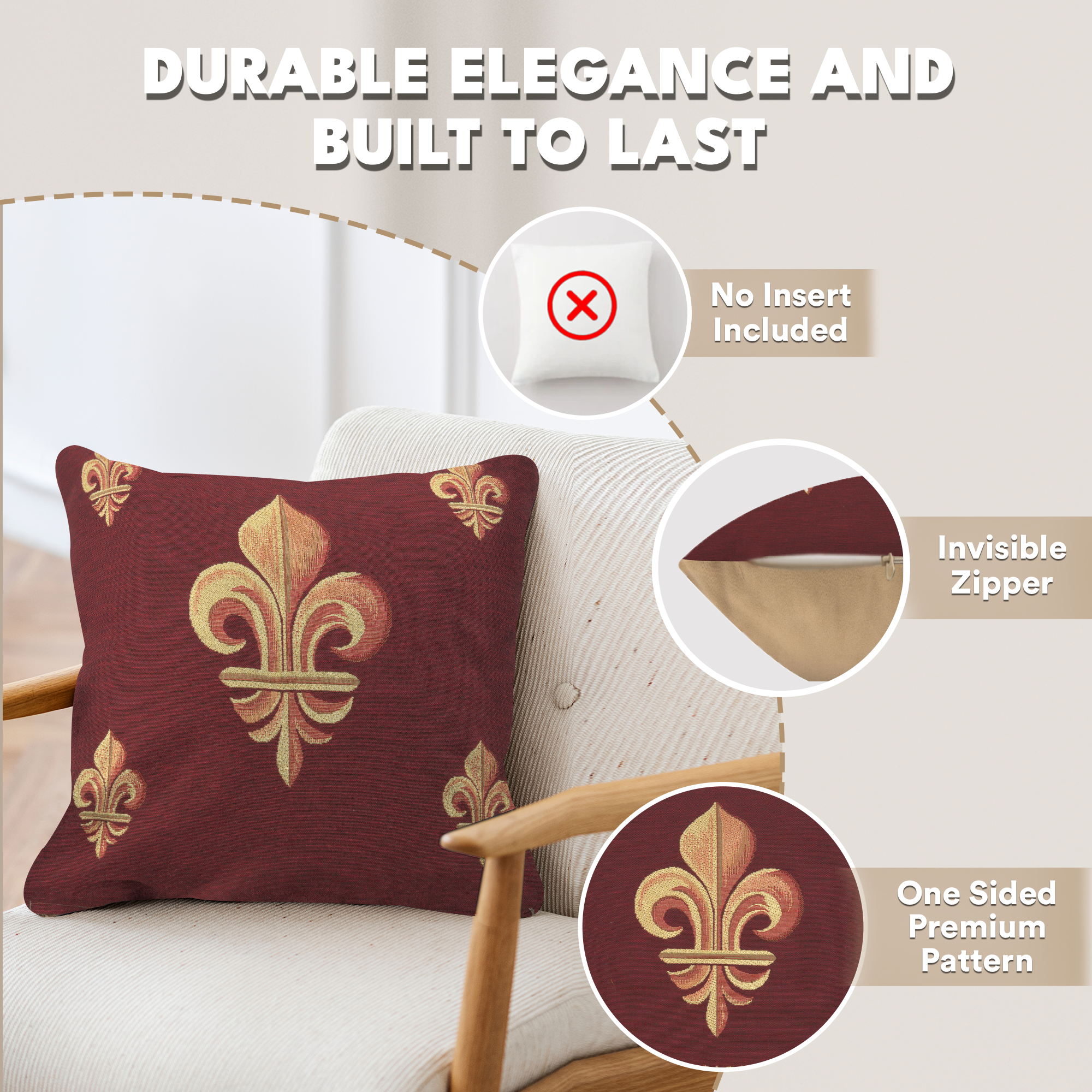 French Five Fleur de Lys Red Tapestry Pillow Cover 19x19 Inch Cotton Jacquard Woven Cushion Cover