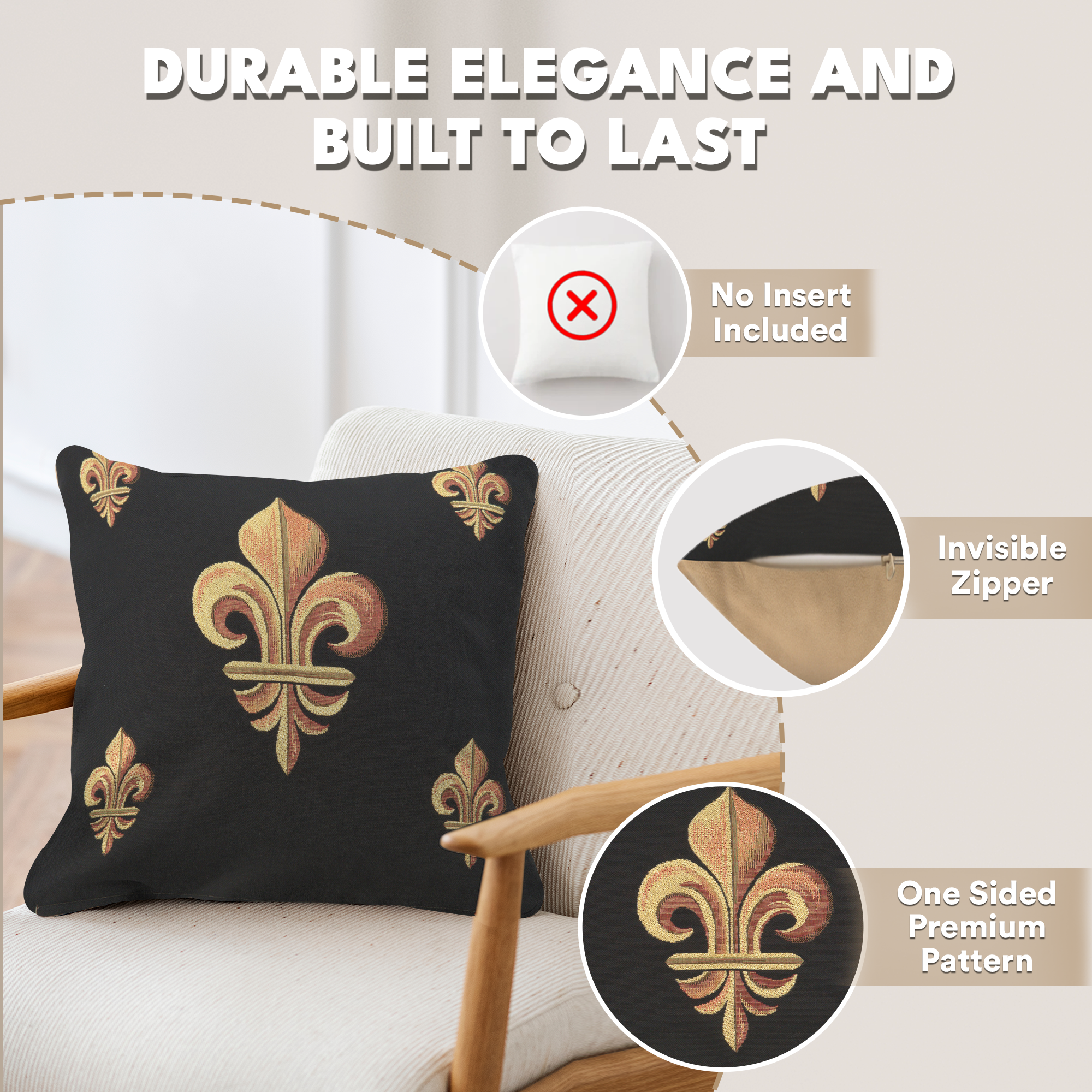 French Five Fleur de Lys Black Tapestry Pillow Cover 19x19 Inch Cotton Jacquard Woven Cushion Cover
