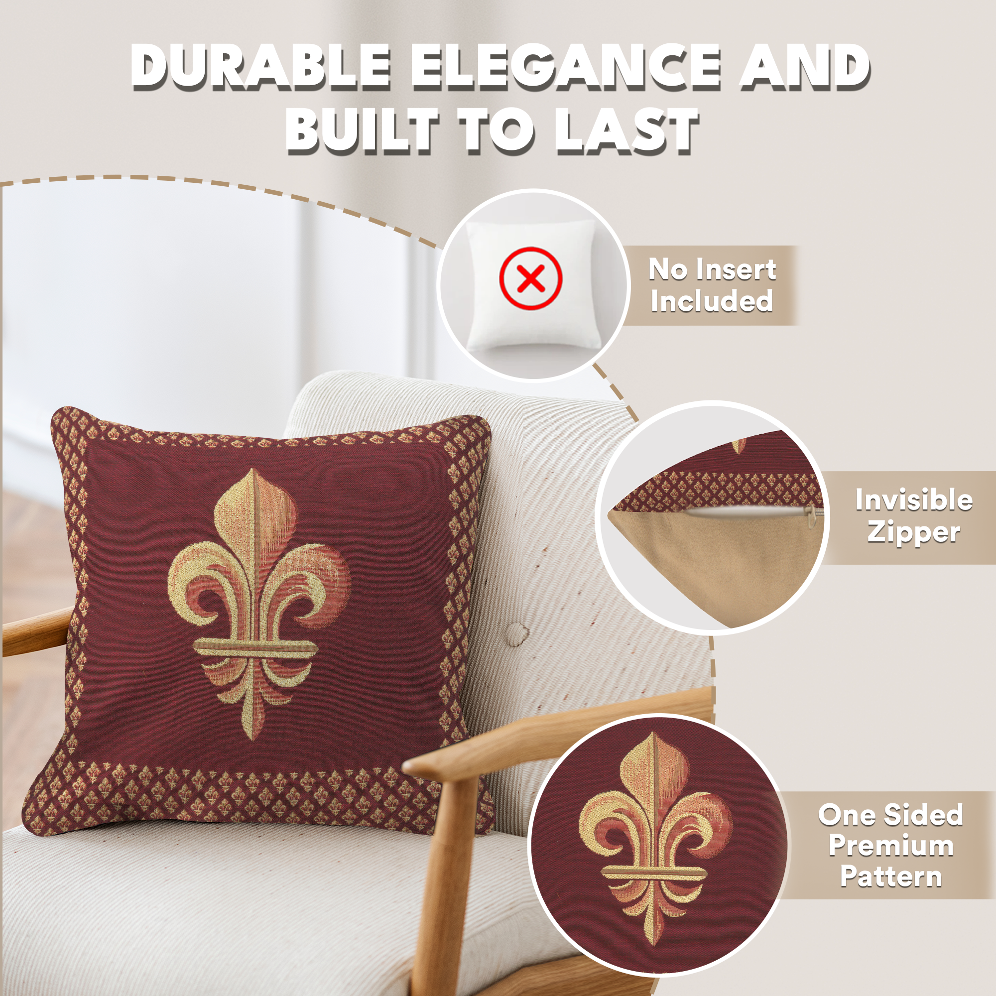 French Framed Fleur de Lys Red Tapestry Pillow Cover 19x19 Inch Cotton Jacquard Woven Cushion Cover