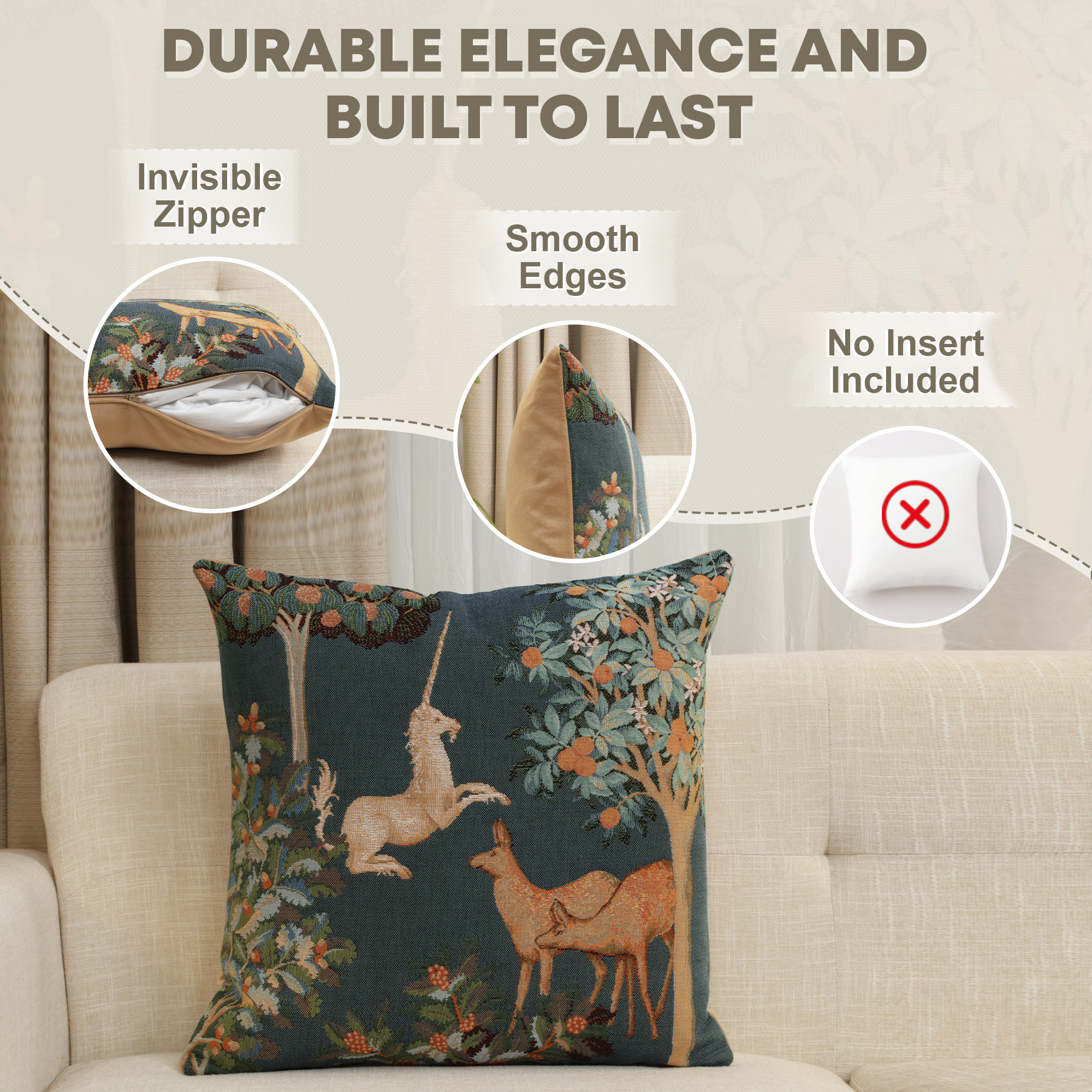 Medieval Unicorn and Does Forest Blue Tapestry Pillow Cover 19x19 Inch Cotton Jacquard Woven Cushion Cover