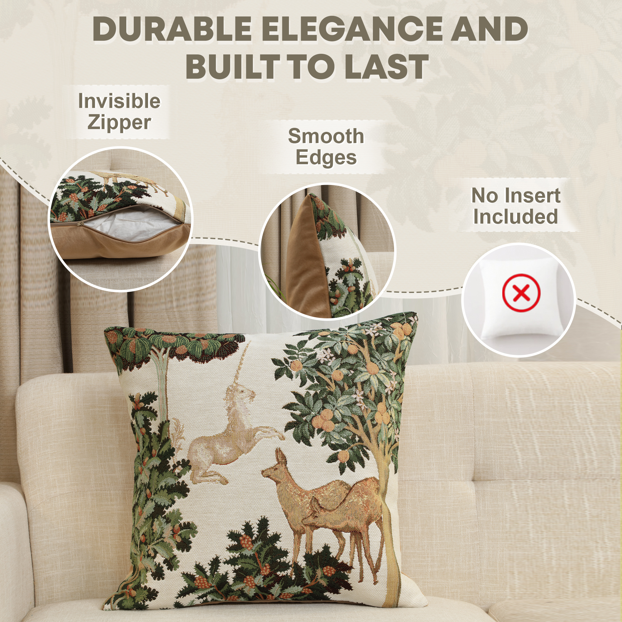 Medieval Unicorn and Does Forest White Tapestry Pillow Cover 19x19 Inch Cotton Jacquard Woven Cushion Cover