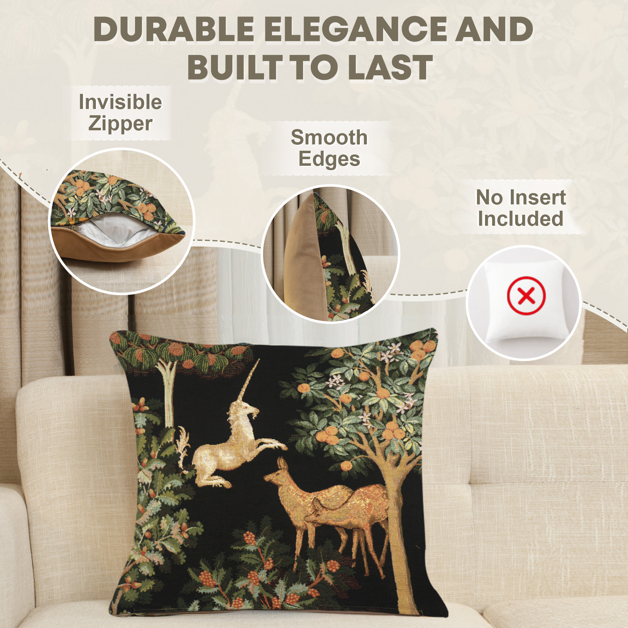 Medieval Unicorn and Does Forest Black Tapestry Pillow Cover 19x19 Inch Cotton Jacquard Woven Cushion Cover