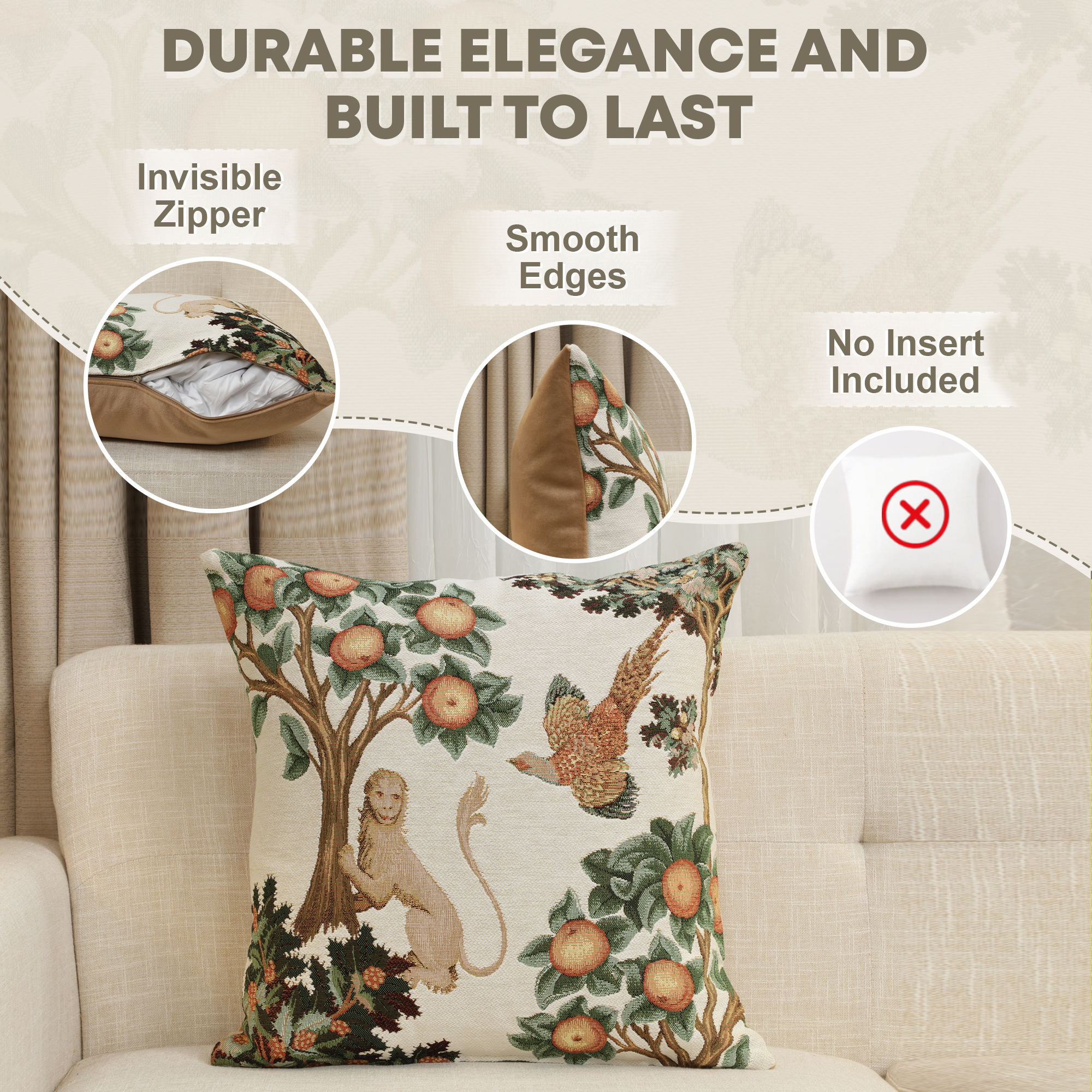 Medieval Lion and Pheasant Forest White Tapestry Pillow Cover 19x19 Inch Cotton Jacquard Woven Cushion Cover