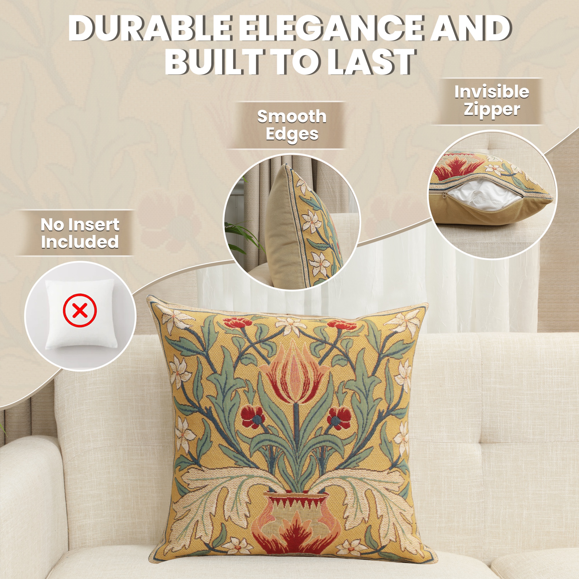 Red Tulip Belgian Tapestry Pillow Cover 18x18 inch 100% Cotton Belgian Jacquard Woven Cushion Cover