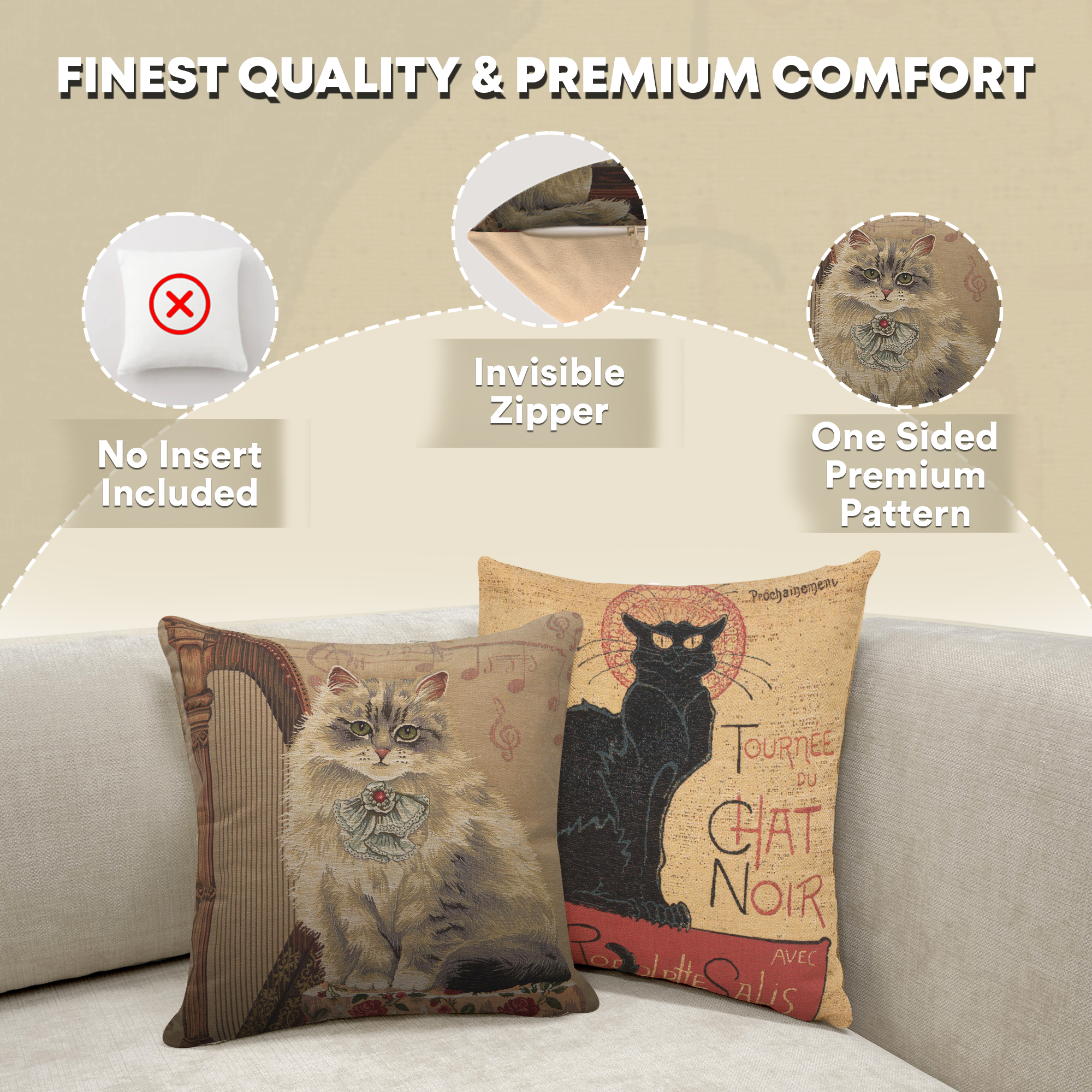 Cat with Harp Belgian Tapestry Pillow Cover 18x18 Inch Cotton Jacquard Woven Cushion Cover
