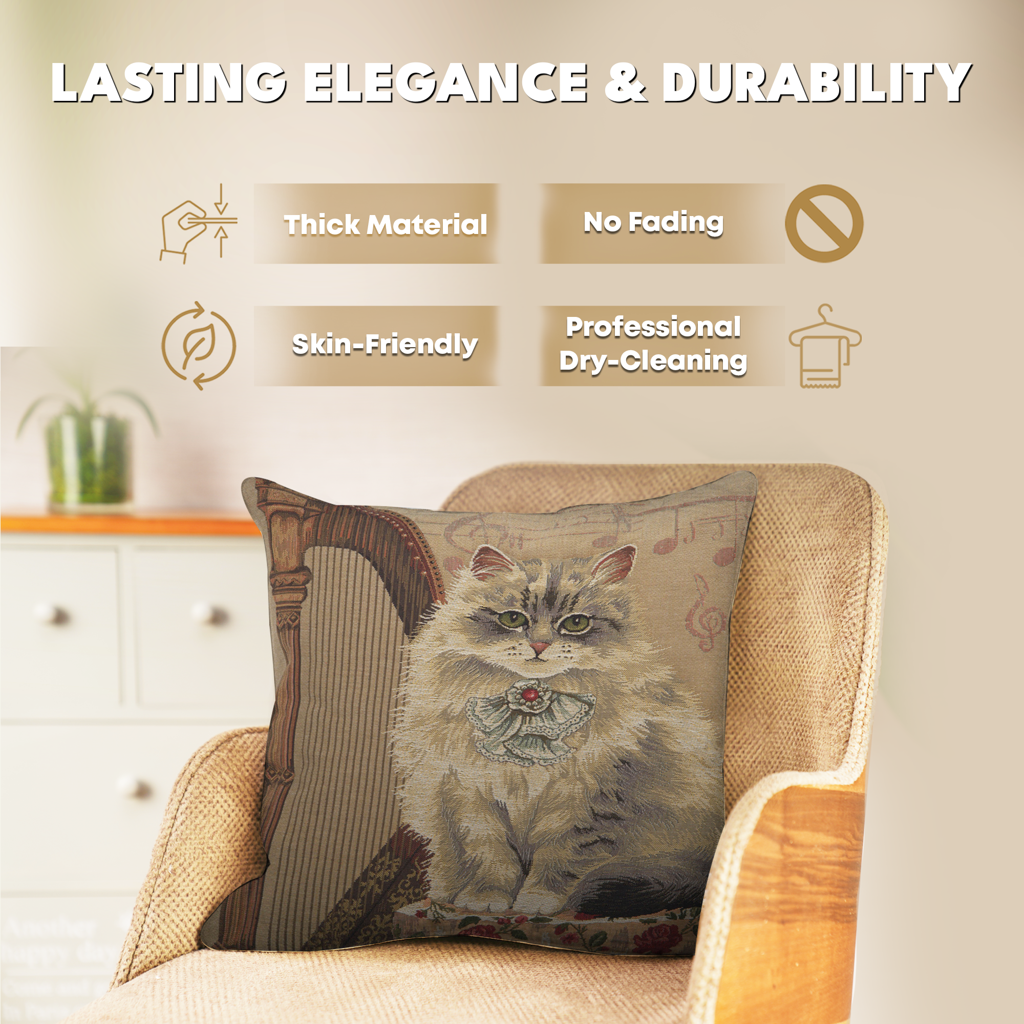 Cat with Harp Belgian Tapestry Pillow Cover 18x18 Inch Cotton Jacquard Woven Cushion Cover