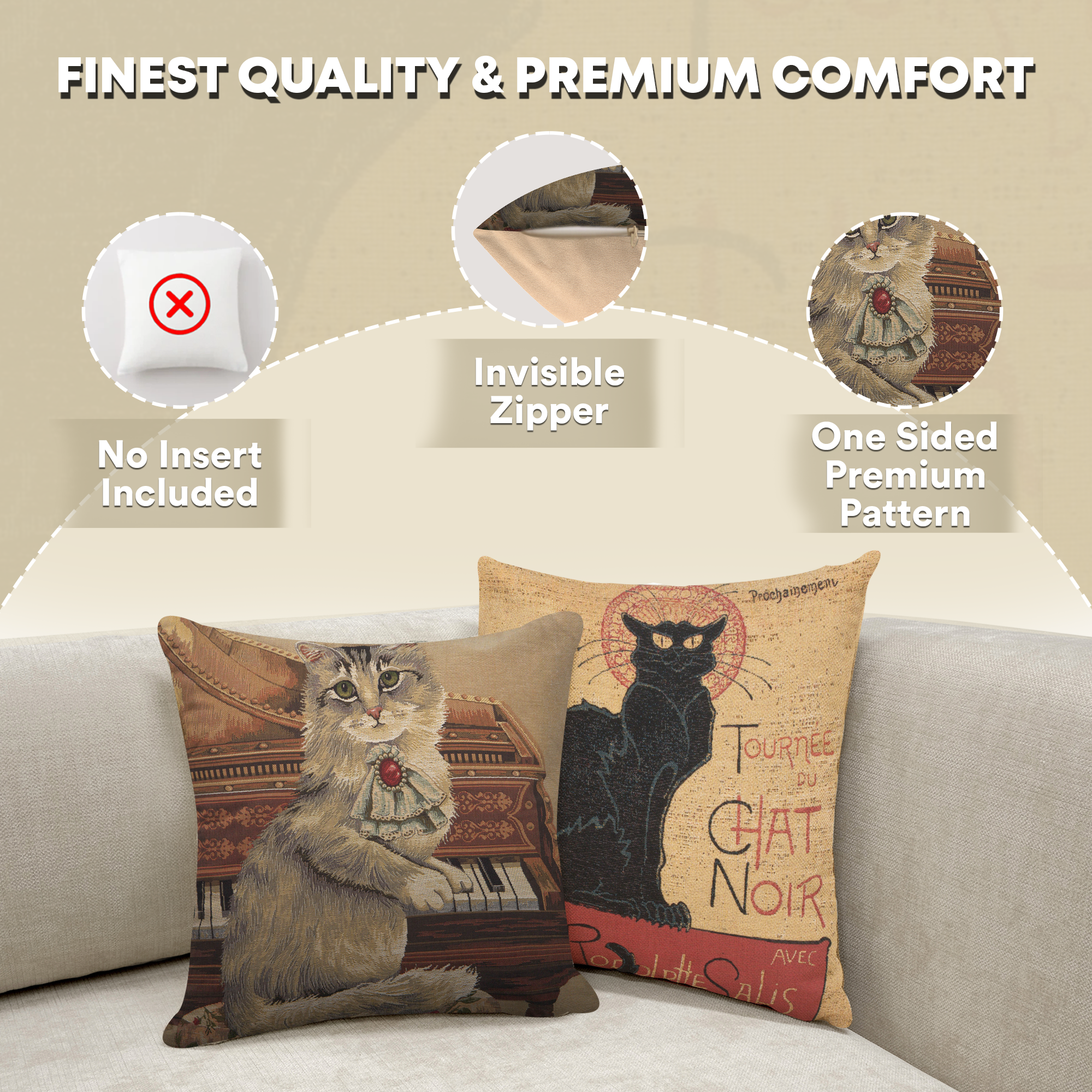 Cat with Piano Belgian Tapestry Pillow Cover 18x18 Inch Cotton Jacquard Woven Cushion Cover