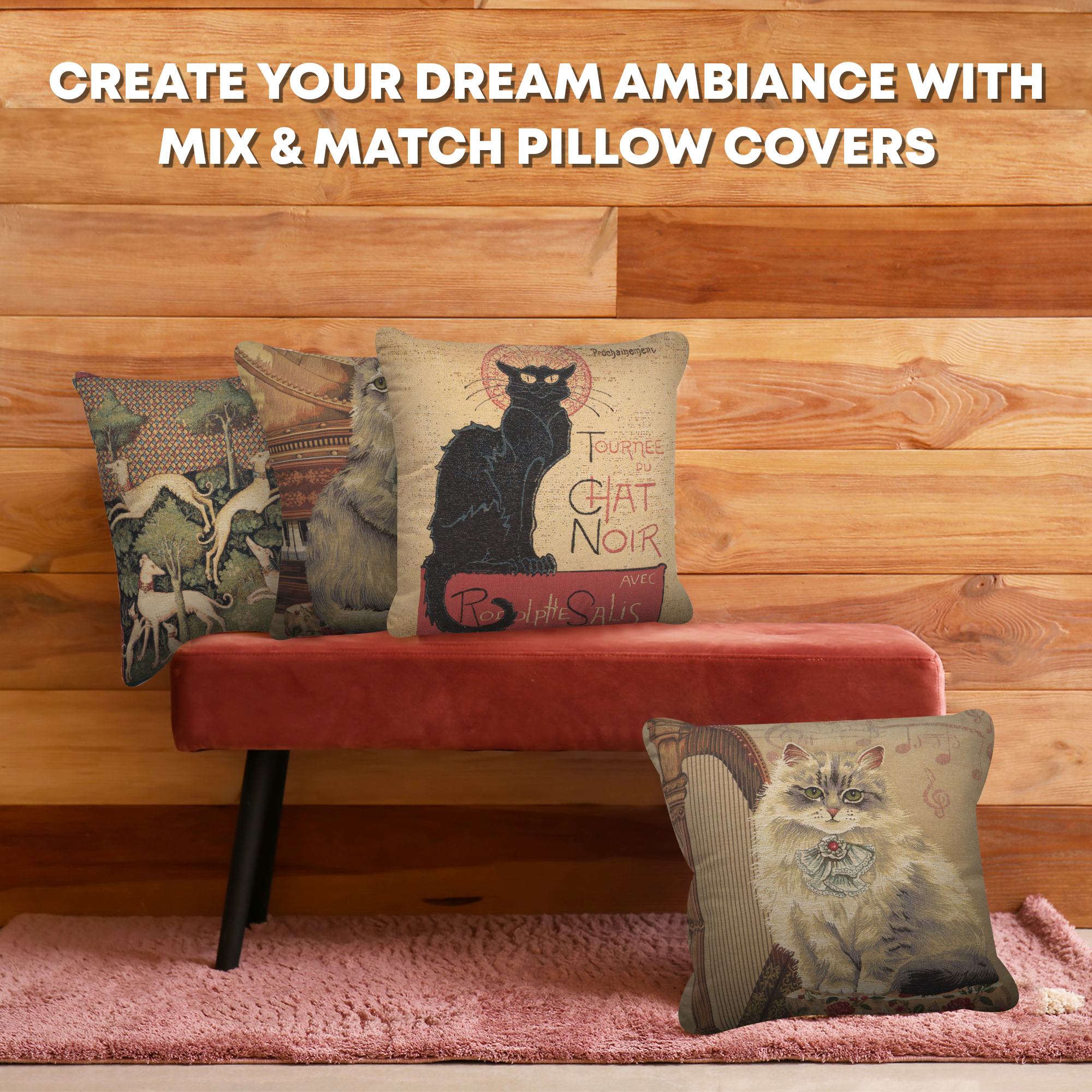 Cat with Piano Belgian Tapestry Pillow Cover 18x18 Inch Cotton Jacquard Woven Cushion Cover