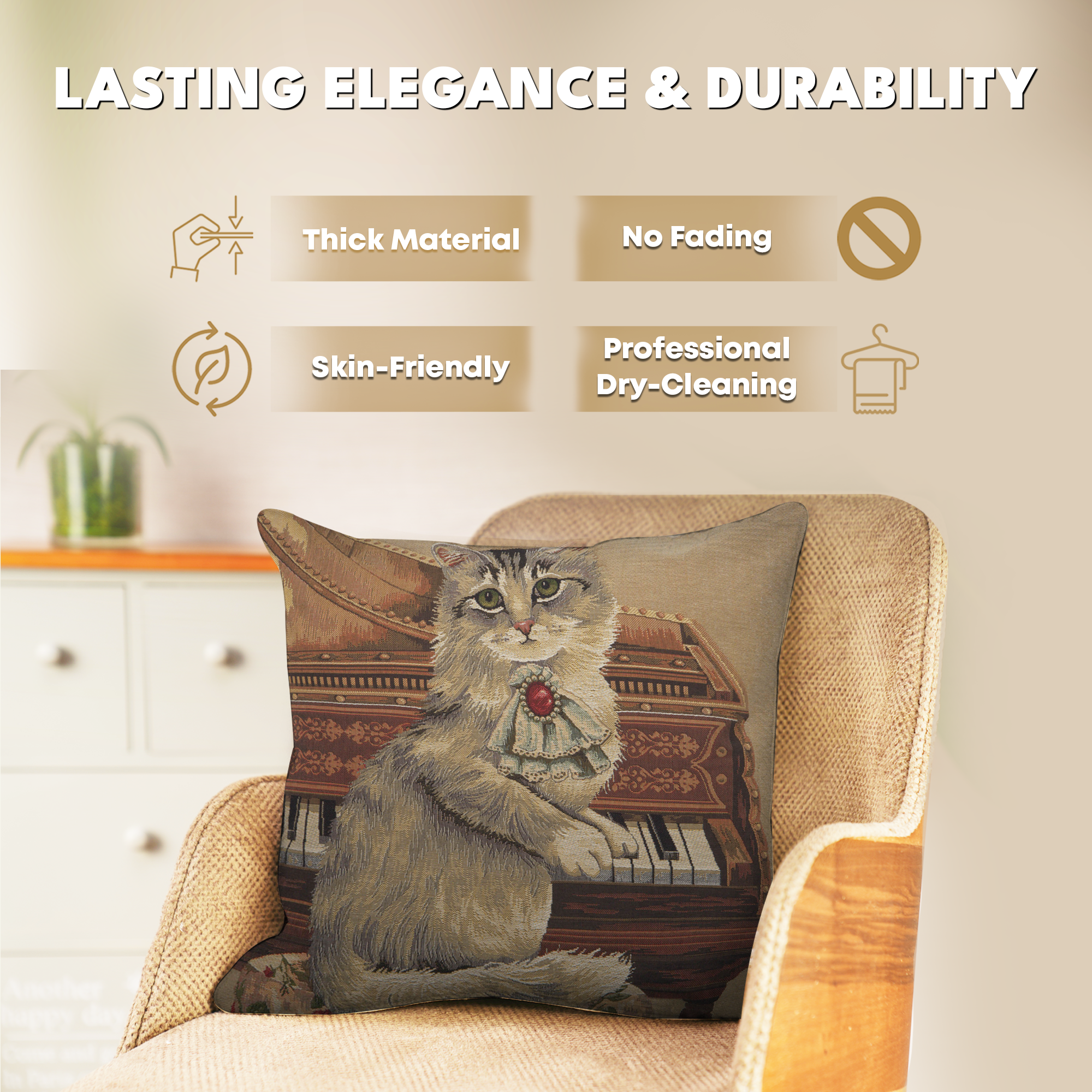 Cat with Piano Belgian Tapestry Pillow Cover 18x18 Inch Cotton Jacquard Woven Cushion Cover