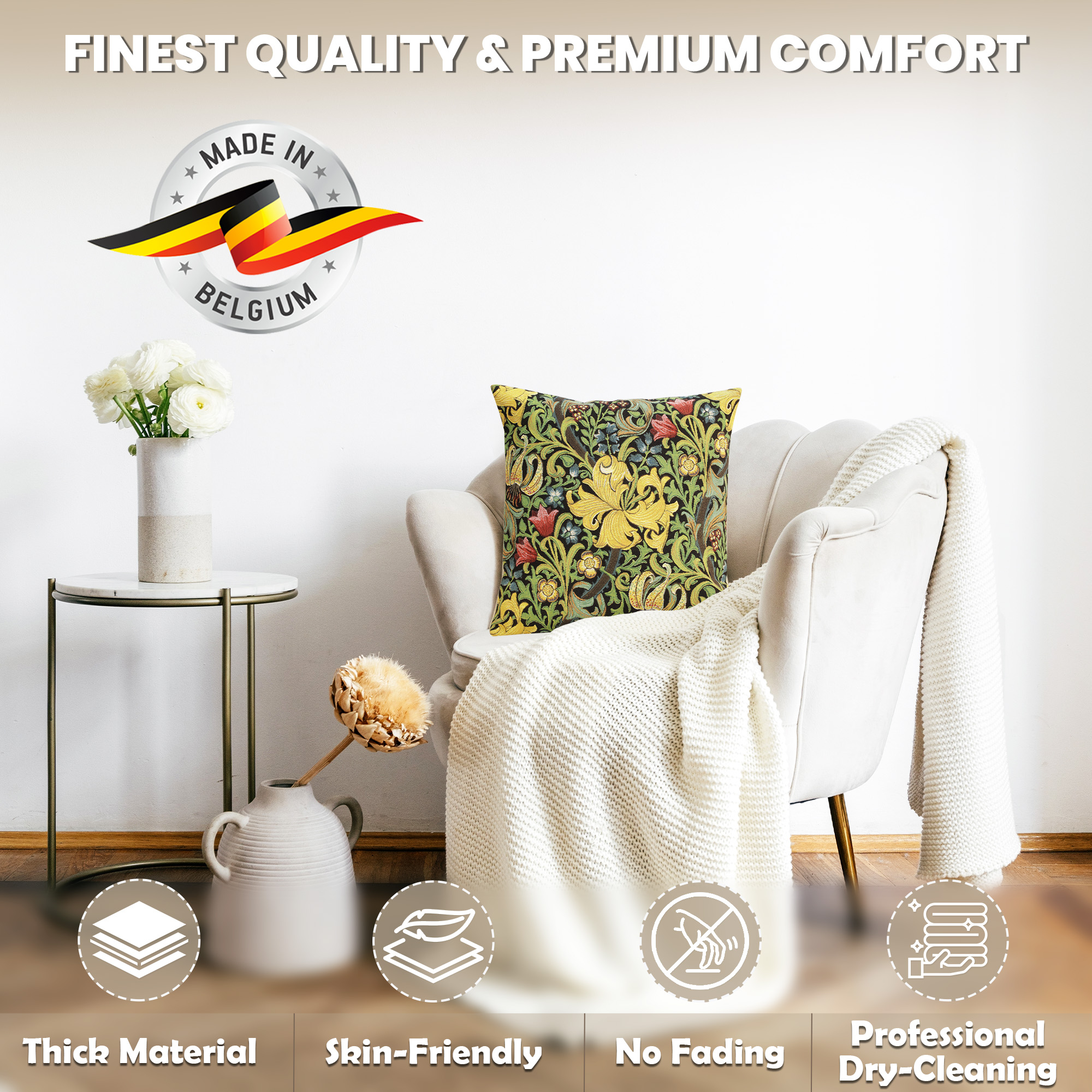 Golden Lily Black Belgian Tapestry Pillow Cover 18x18 inch 100% Cotton Belgian Jacquard Woven Cushion Cover