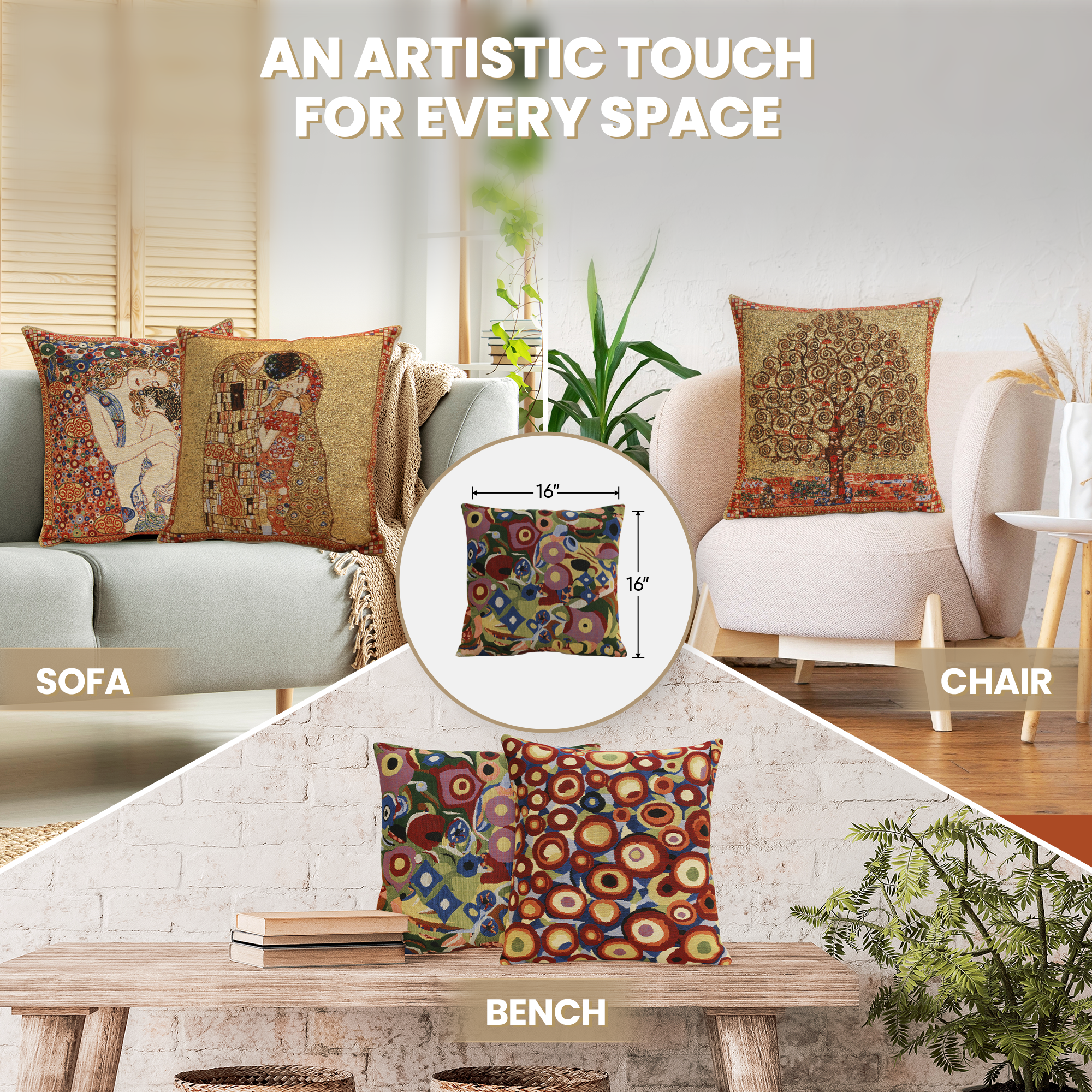 Gustav Klimt Swirls Tapestry Pillow Cover 16x16 Inch Cotton Jacquard Woven Cushion Cover