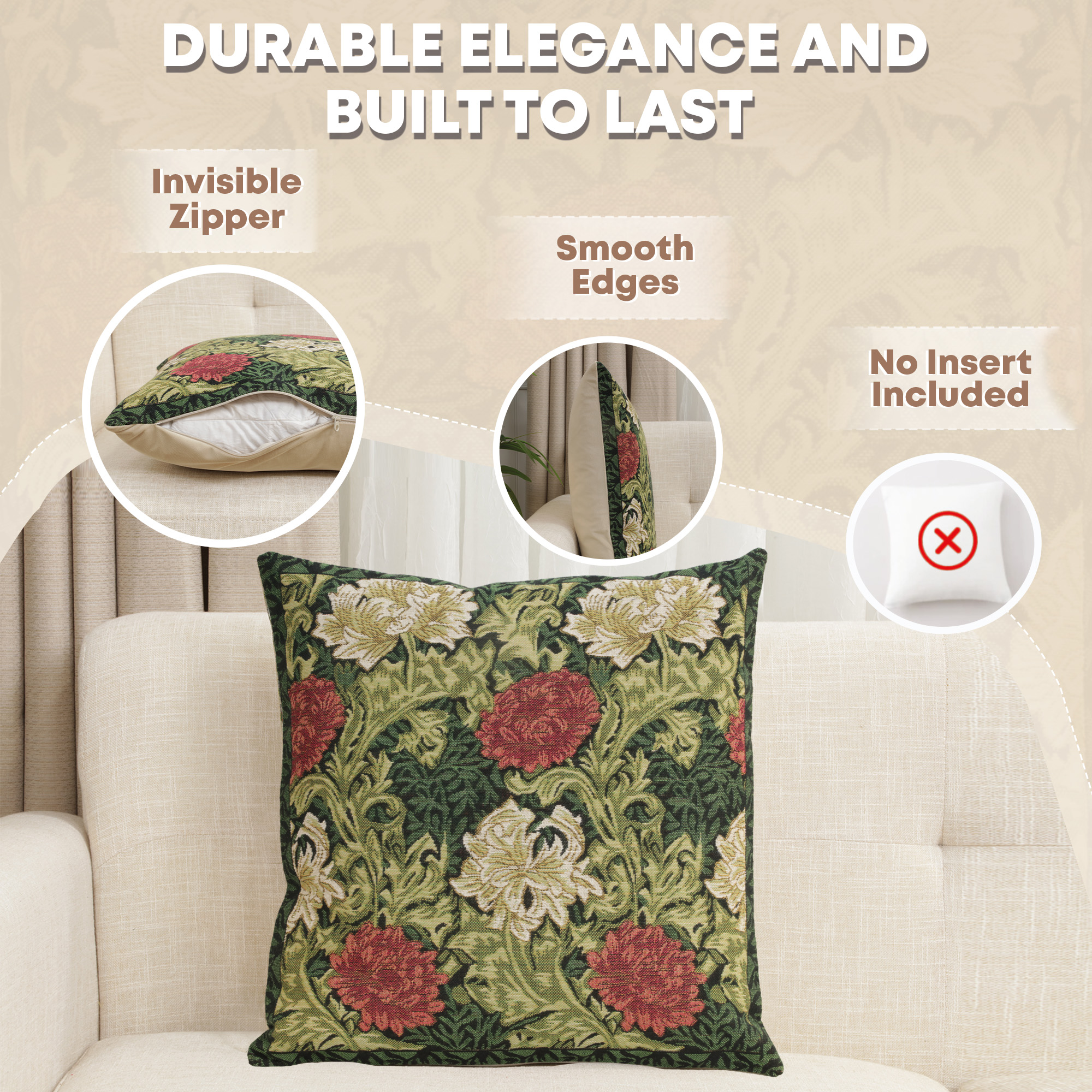 Green Chrysanthemum Belgian Tapestry Pillow Cover 16x16 inch Cotton Jacquard Woven Cushion Cover