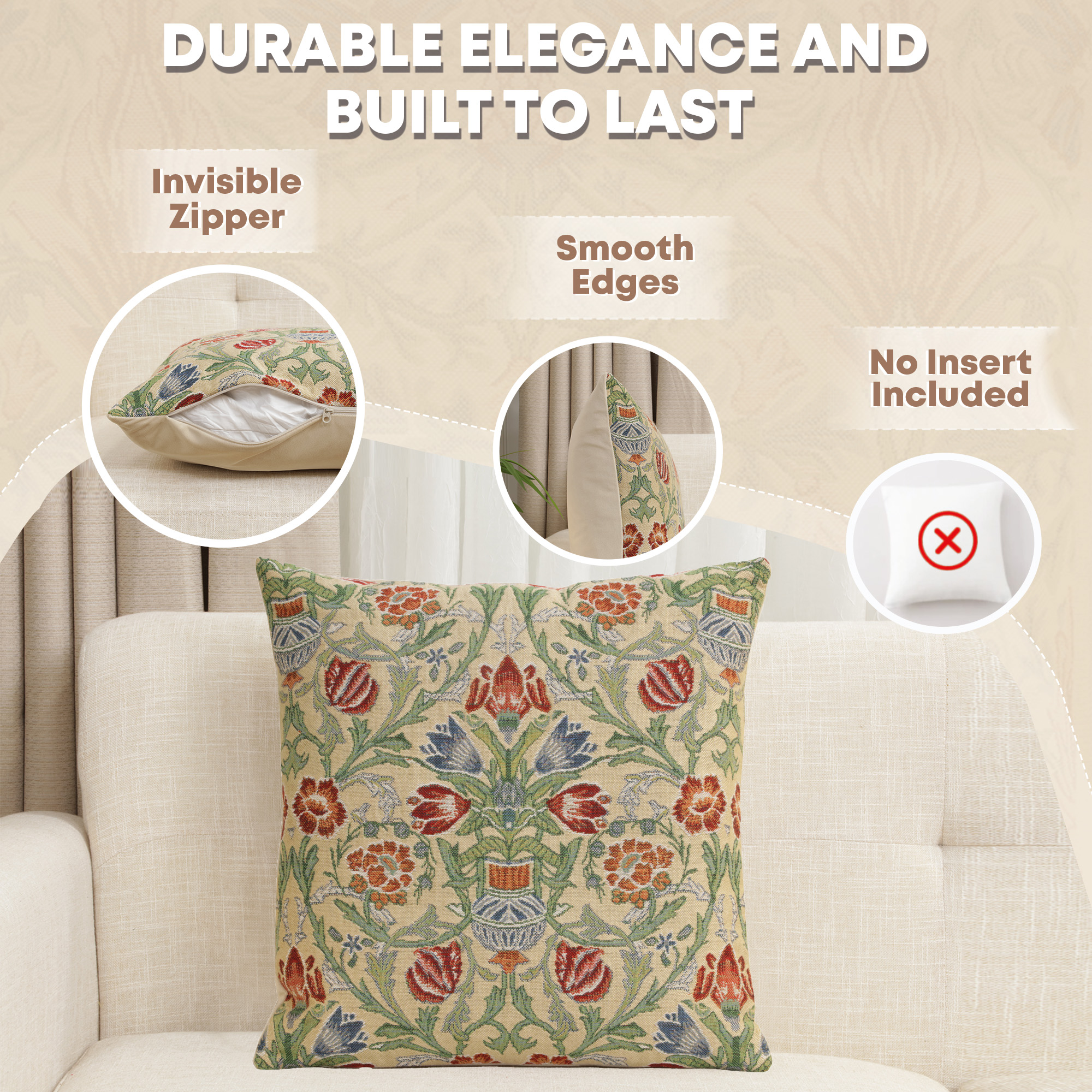 Single Stem Belgian Tapestry Pillow Cover 16x16 inch Cotton Jacquard Woven Cushion Cover