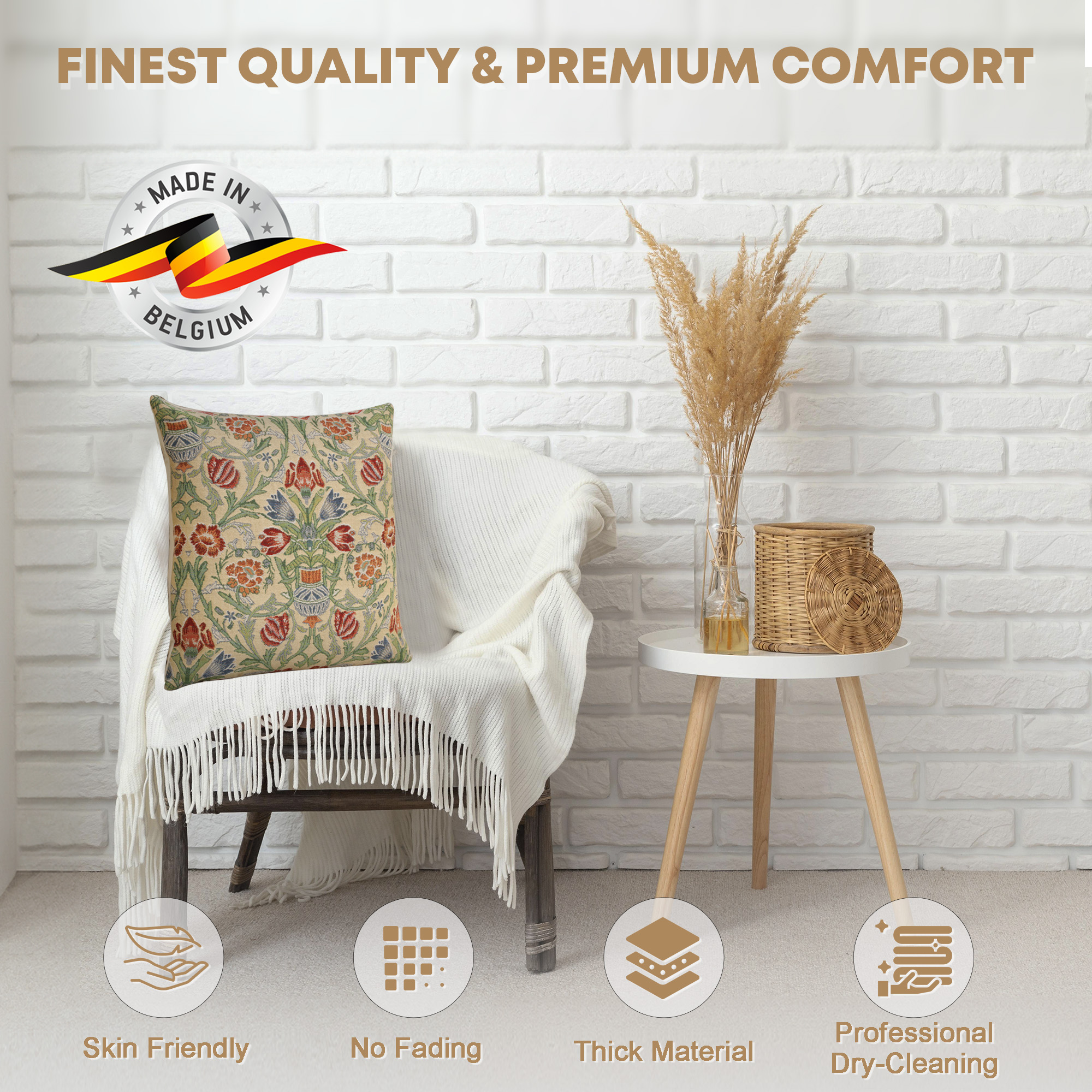 Single Stem Belgian Tapestry Pillow Cover 16x16 inch Cotton Jacquard Woven Cushion Cover