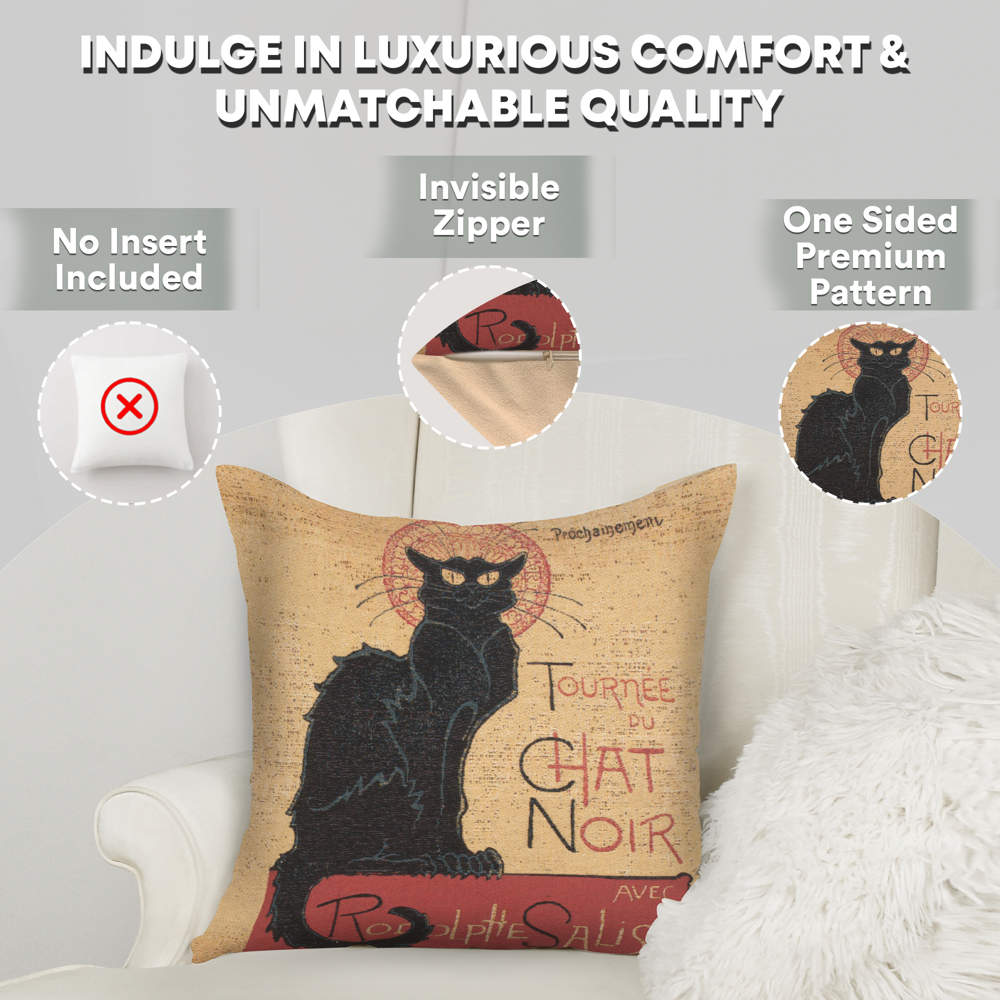 Black Cat Belgian Tapestry Pillow Cover 14x14 Inch Cotton Jacquard Woven Cushion Cover