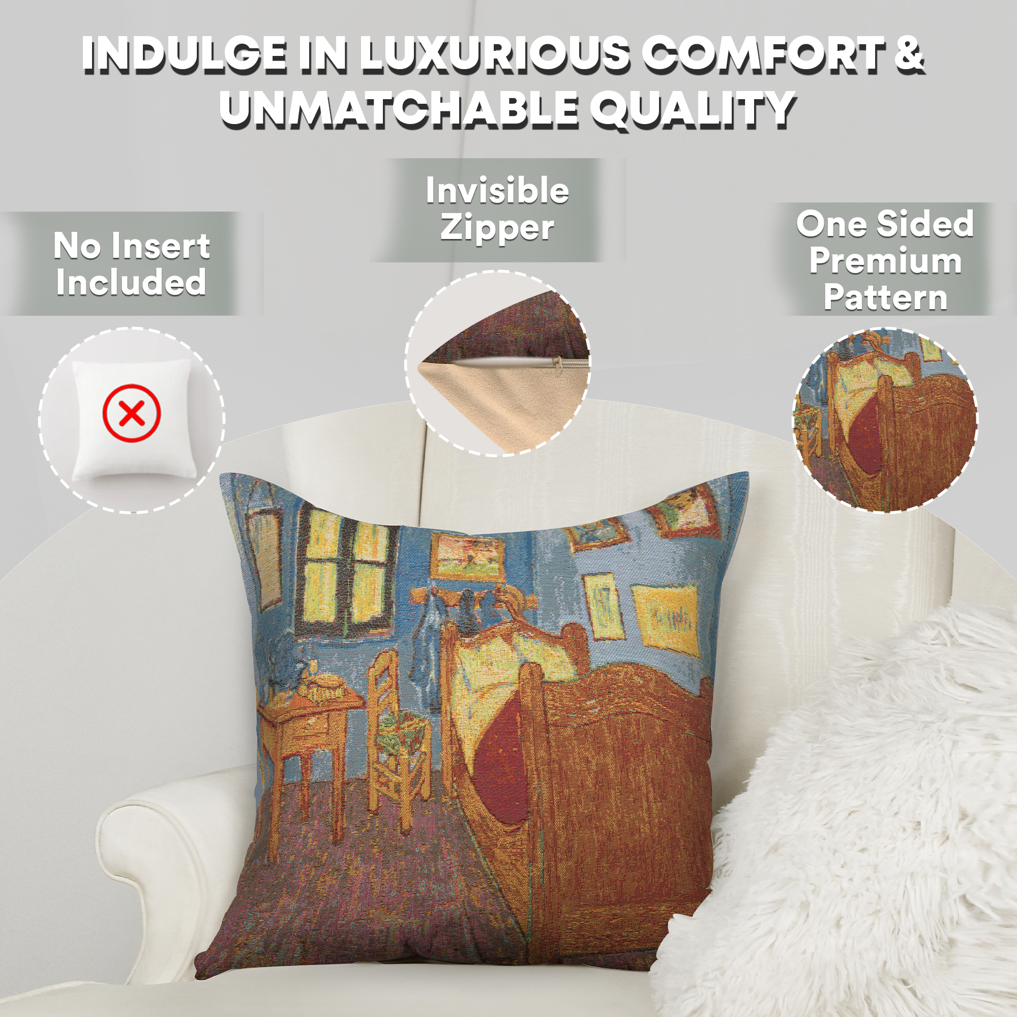 Van Gogh Chambre Belgian Tapestry Pillow Cover 18x18 Inch Cotton Jacquard Woven Cushion Cover