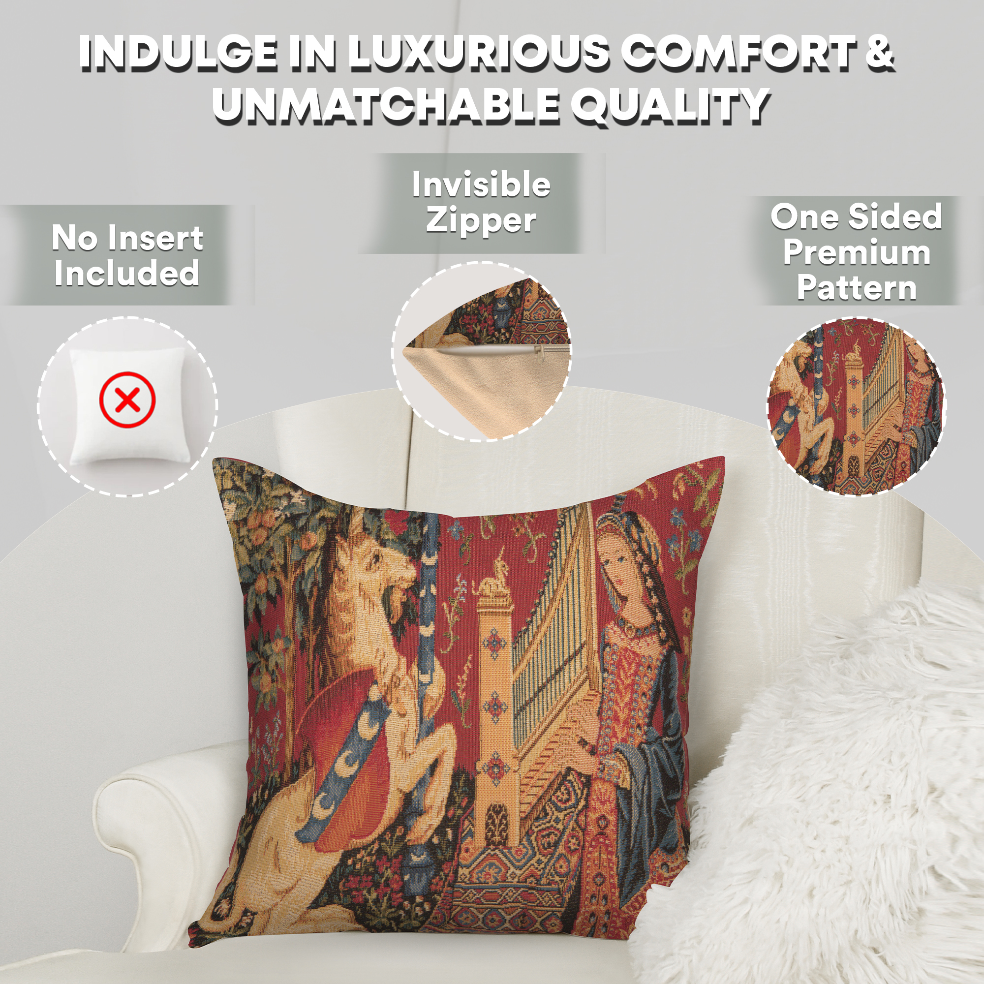 Medieval Hearing Small Tapestry Pillow Cover 14x14 Inch Cotton Jacquard Woven Cushion Cover