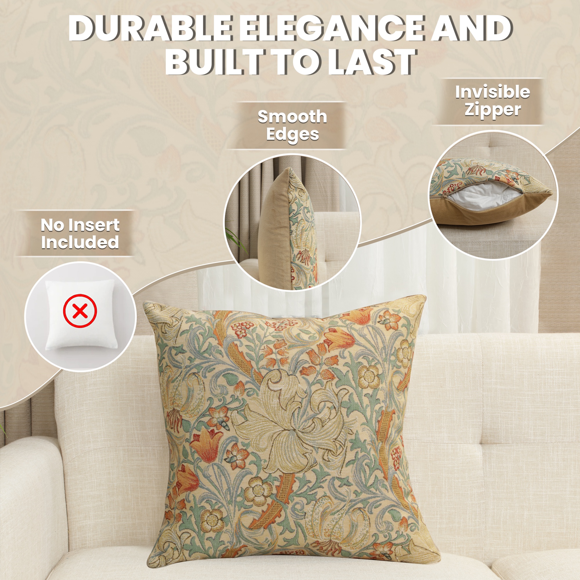 Golden Lily Light Belgian Tapestry Pillow Cover 18x18 inch 100% Cotton Belgian Jacquard Woven Cushion Cover