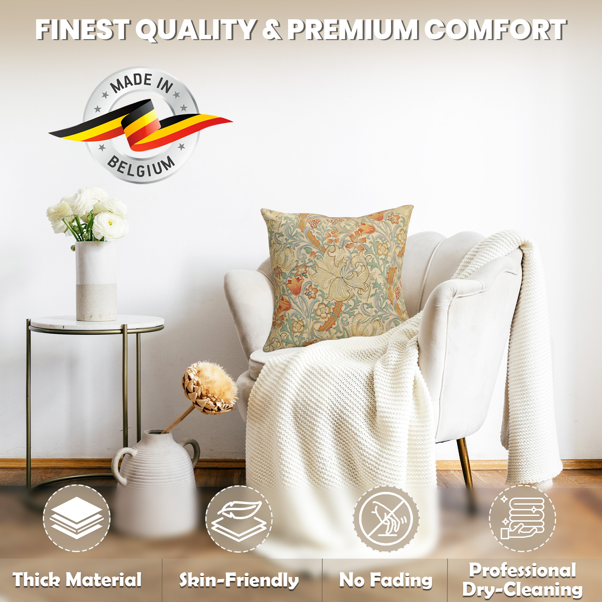 Golden Lily Light Belgian Tapestry Pillow Cover 18x18 inch 100% Cotton Belgian Jacquard Woven Cushion Cover
