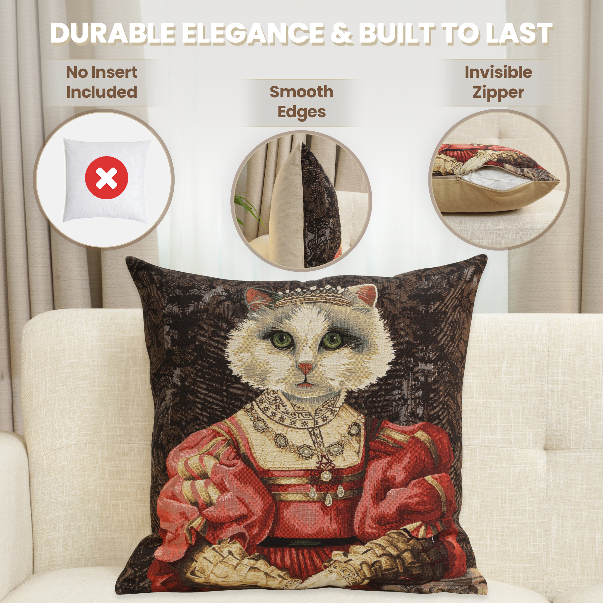 Cat with Crown Belgian Tapestry Pillow Cover 18x18 Inch Cotton Jacquard Woven Cushion Cover