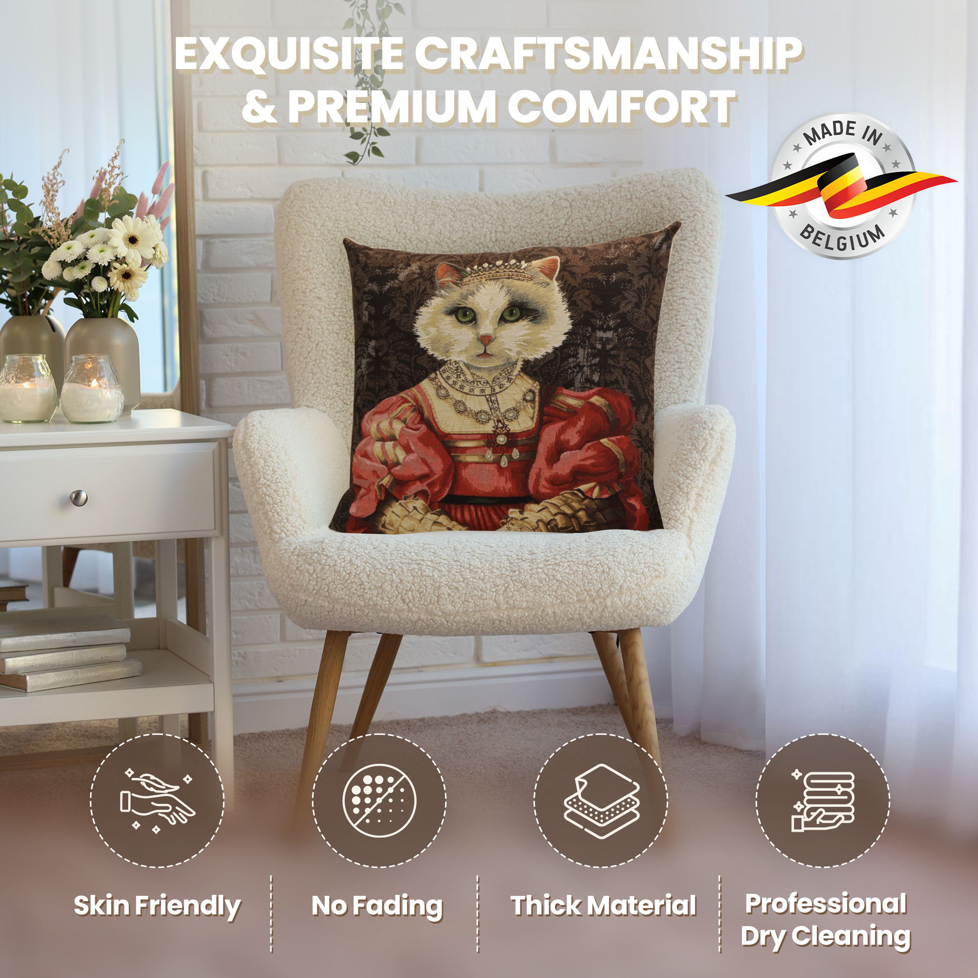 Cat with Crown Belgian Tapestry Pillow Cover 18x18 Inch Cotton Jacquard Woven Cushion Cover