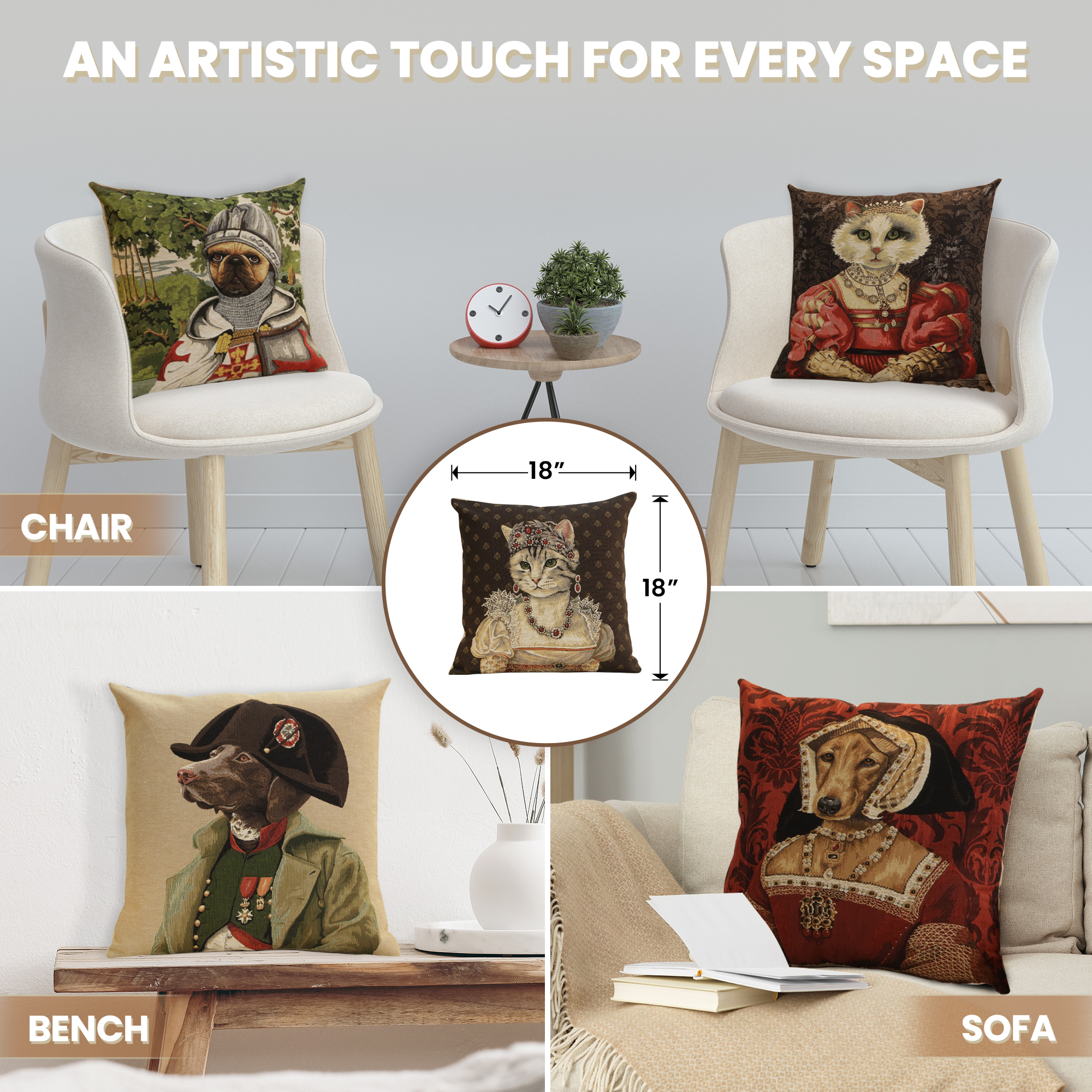 Cat Josephine Belgian Tapestry Pillow Cover 18x18 Inch Cotton Jacquard Woven Cushion Cover