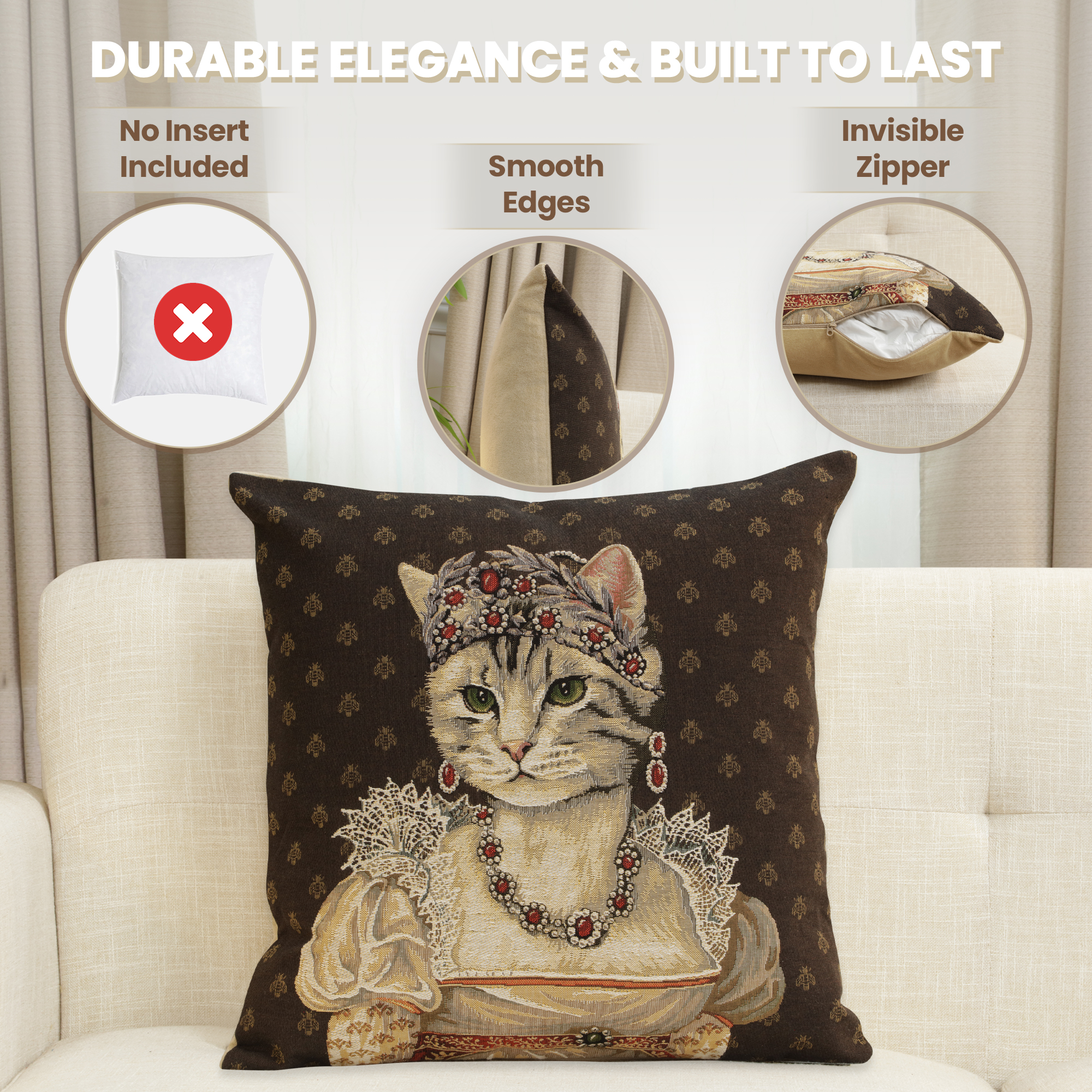 Cat Josephine Belgian Tapestry Pillow Cover 18x18 Inch Cotton Jacquard Woven Cushion Cover