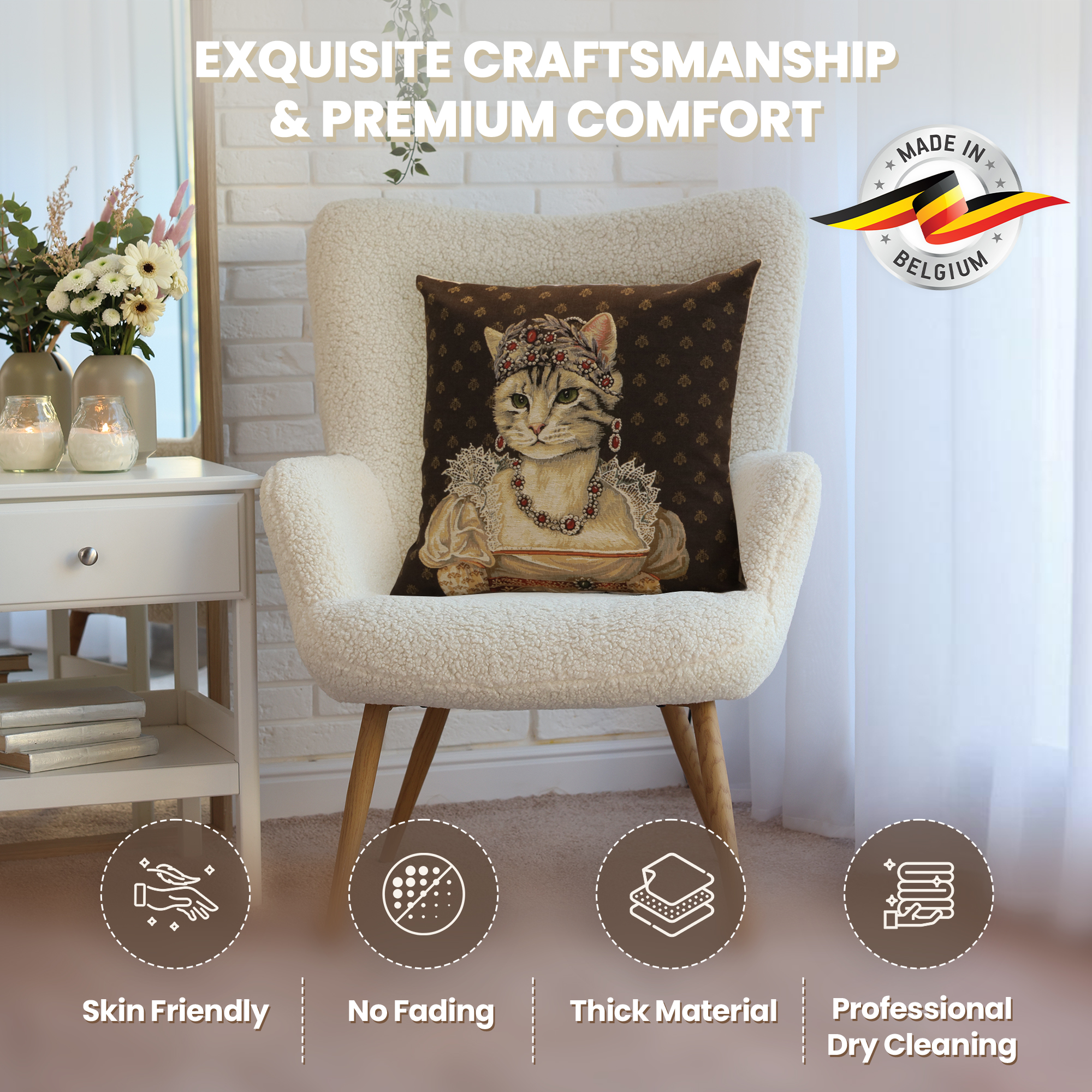 Cat Josephine Belgian Tapestry Pillow Cover 18x18 Inch Cotton Jacquard Woven Cushion Cover