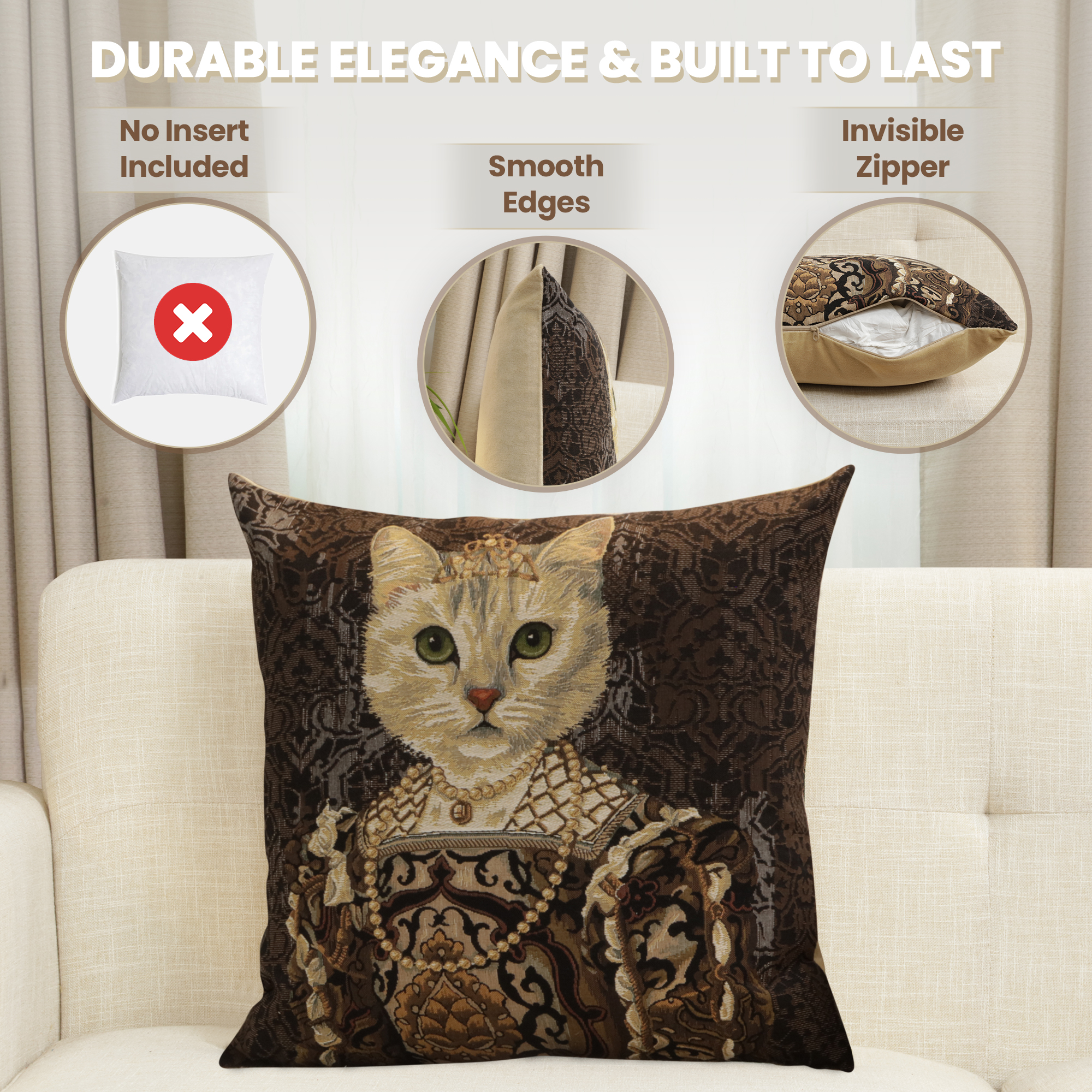 Cat with Crown Belgian Tapestry Pillow Cover 18x18 Inch Cotton Jacquard Woven Cushion Cover