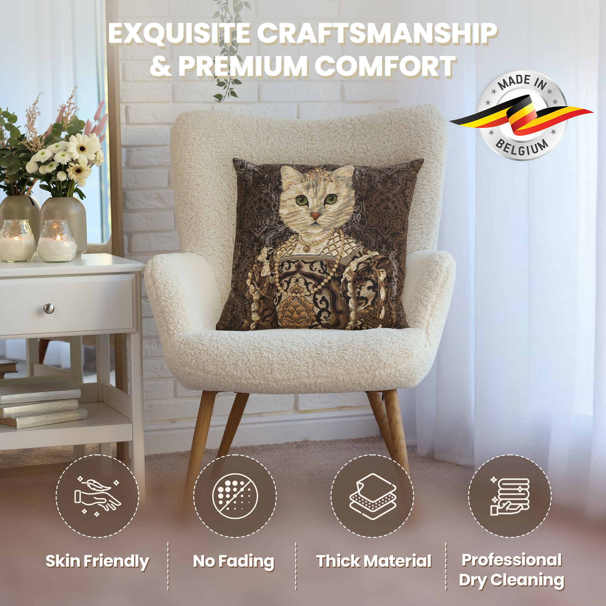 Cat with Crown Belgian Tapestry Pillow Cover 18x18 Inch Cotton Jacquard Woven Cushion Cover