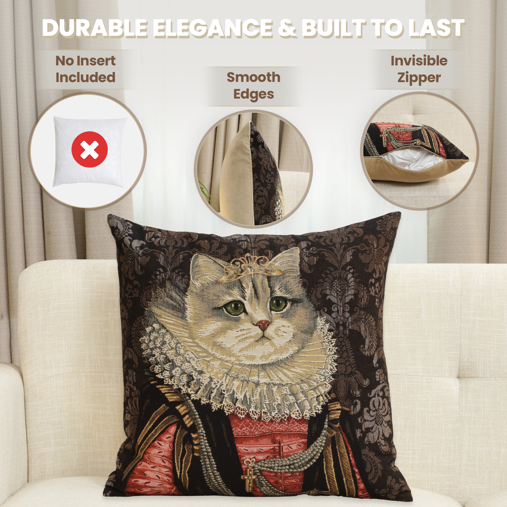 Decorative Cat Belgian Tapestry Pillow Cover 18x18 Inch Cotton Jacquard Woven Cushion Cover