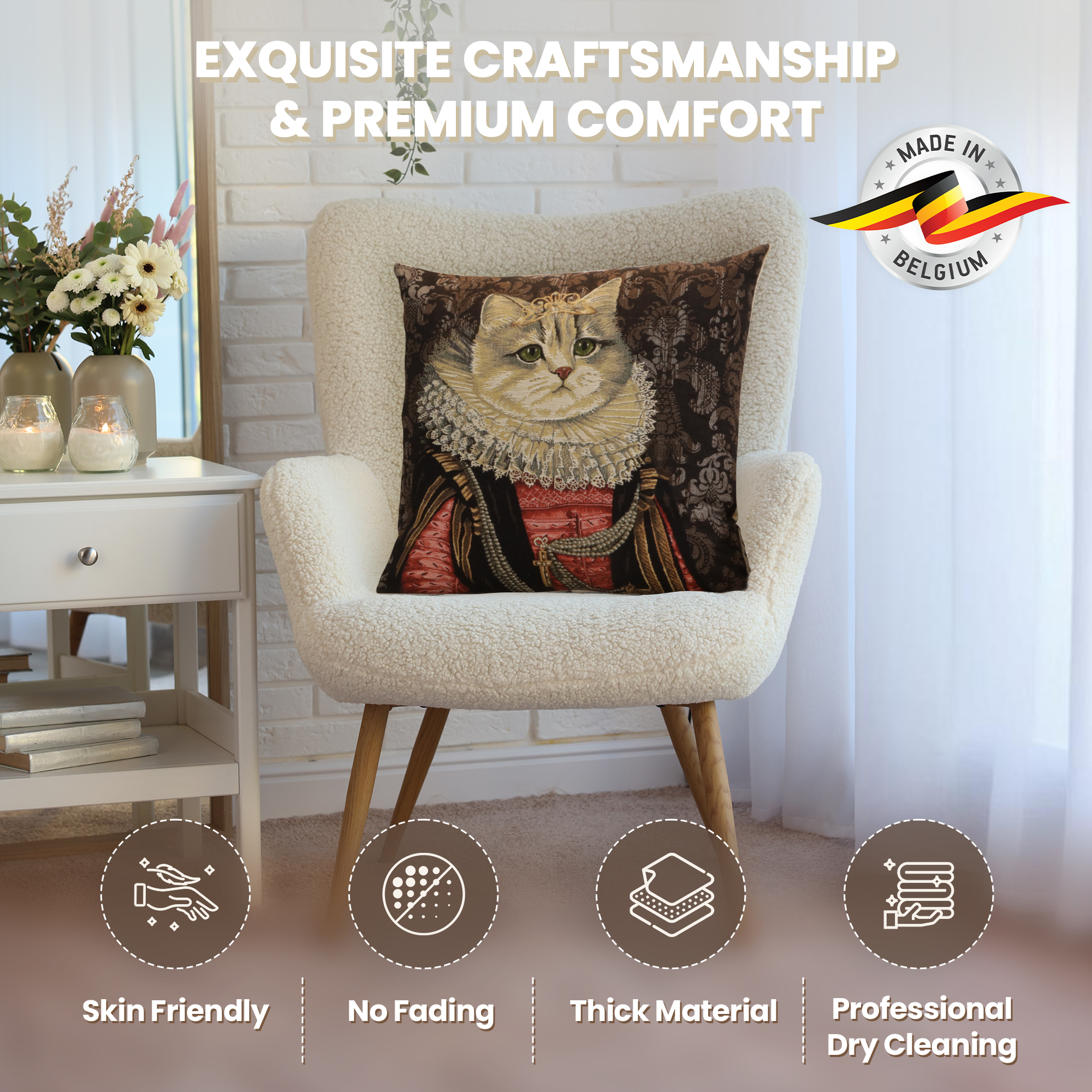 Decorative Cat Belgian Tapestry Pillow Cover 18x18 Inch Cotton Jacquard Woven Cushion Cover